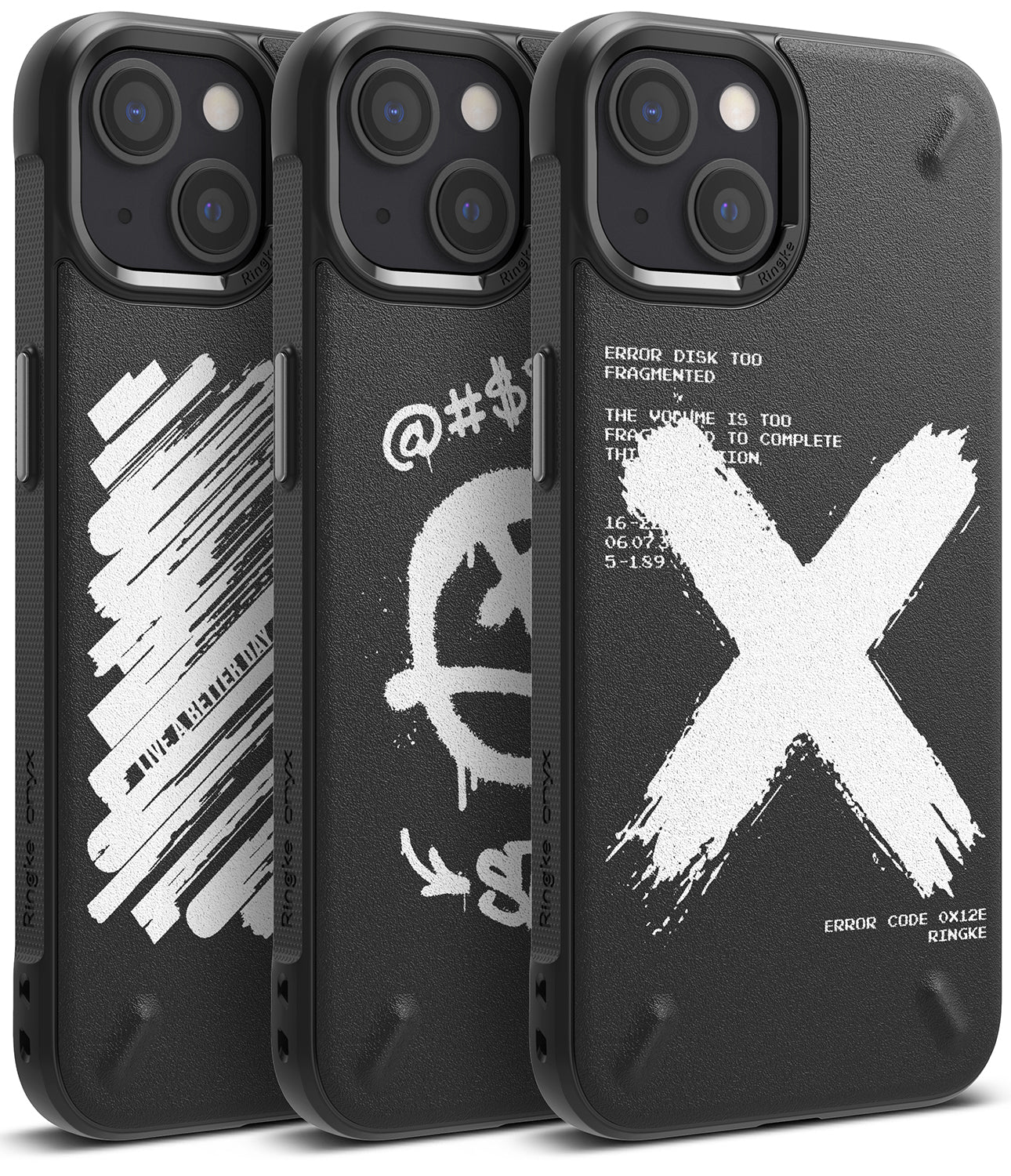 iPhone 13 Case | Onyx Design - Three black iPhone 13 cases with unique white graphic prints featuring brushstrokes and text.