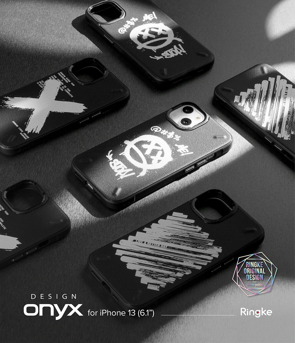 iPhone 13 Case | Onyx Design - Several black iPhone 13 cases with white graffiti and abstract brushstroke designs on a dark surface.