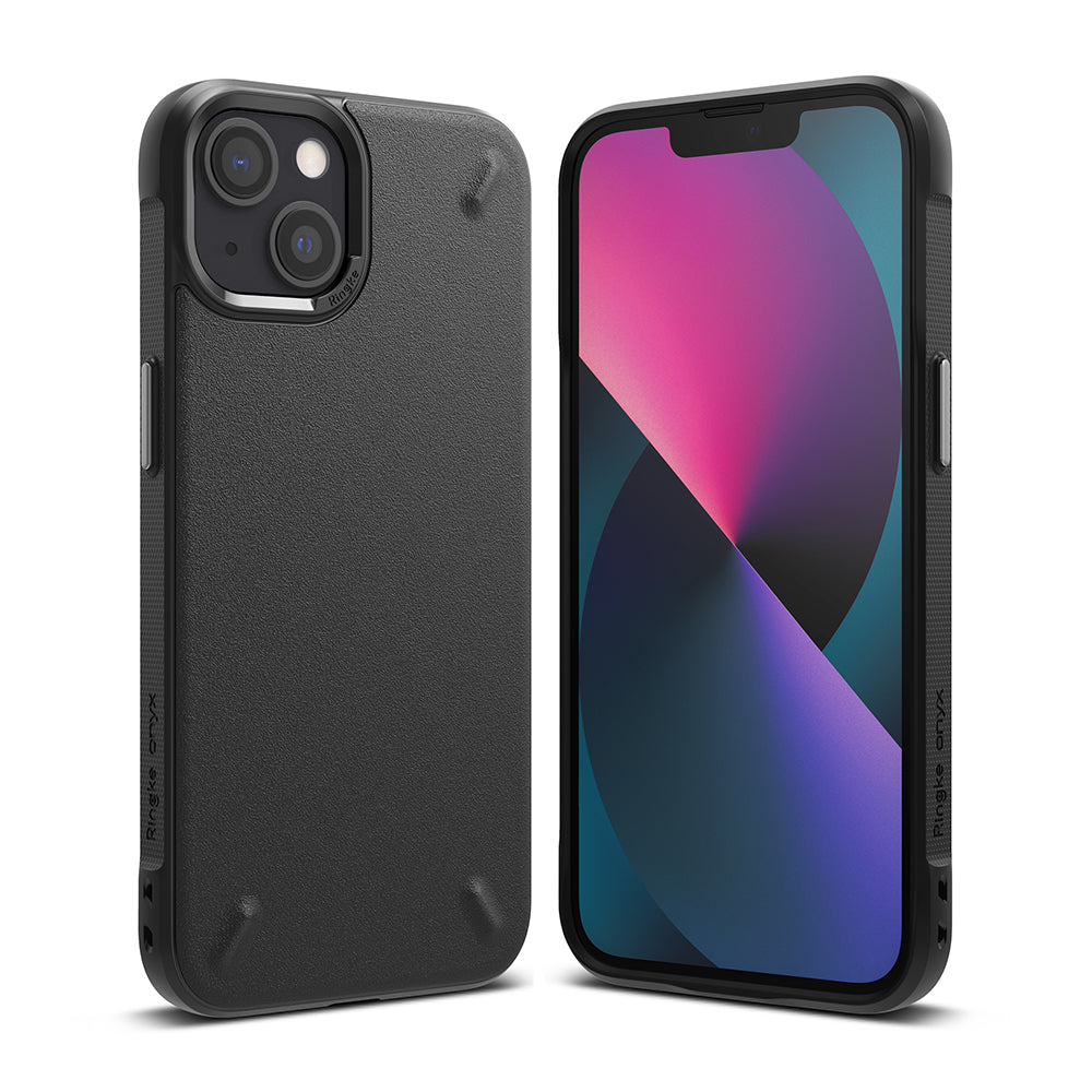 iPhone 13 Case | Onyx - Matte black textured protective case shown from the back and front on an iPhone 13.