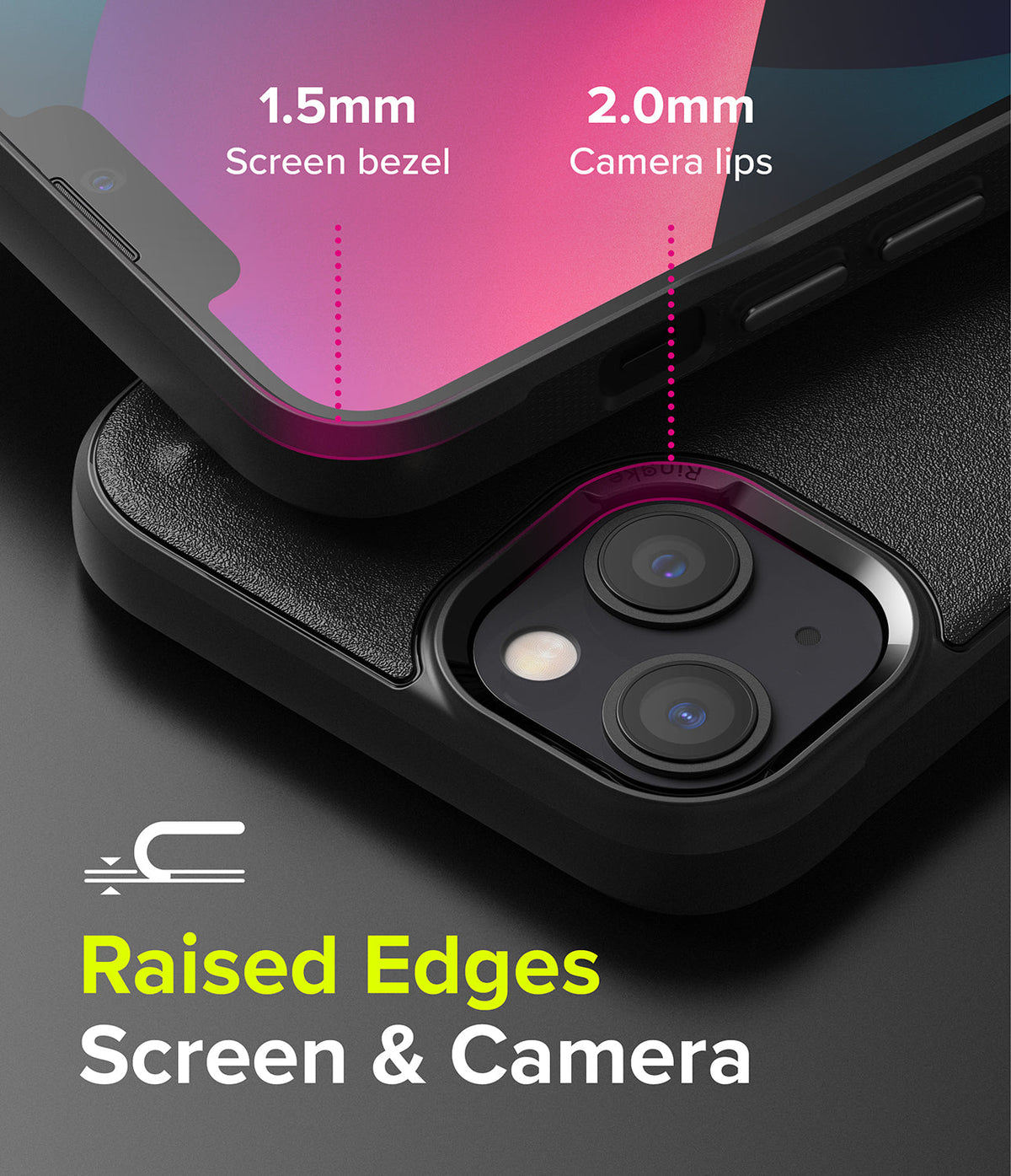 iPhone 13 Case | Onyx - Close-up showing 1.5mm screen bezel and 2.0mm camera lips for raised edge protection.