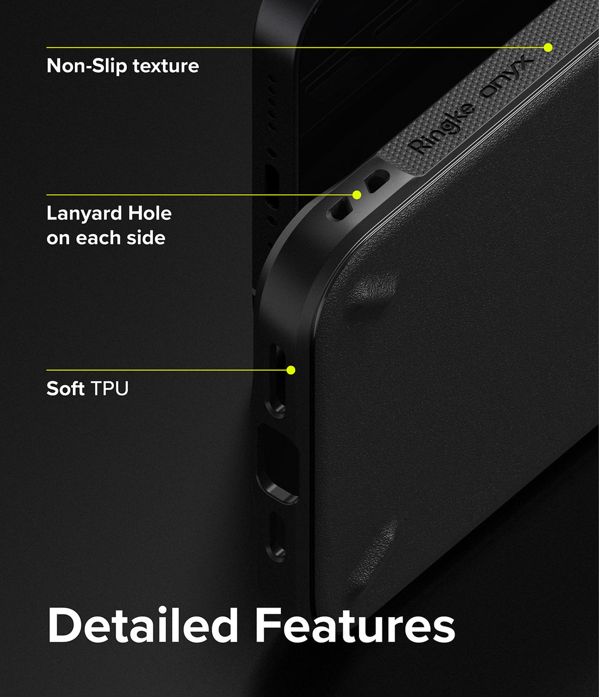 iPhone 13 Case | Onyx - Close-up of black phone case highlighting non-slip texture, lanyard holes, and soft TPU material.