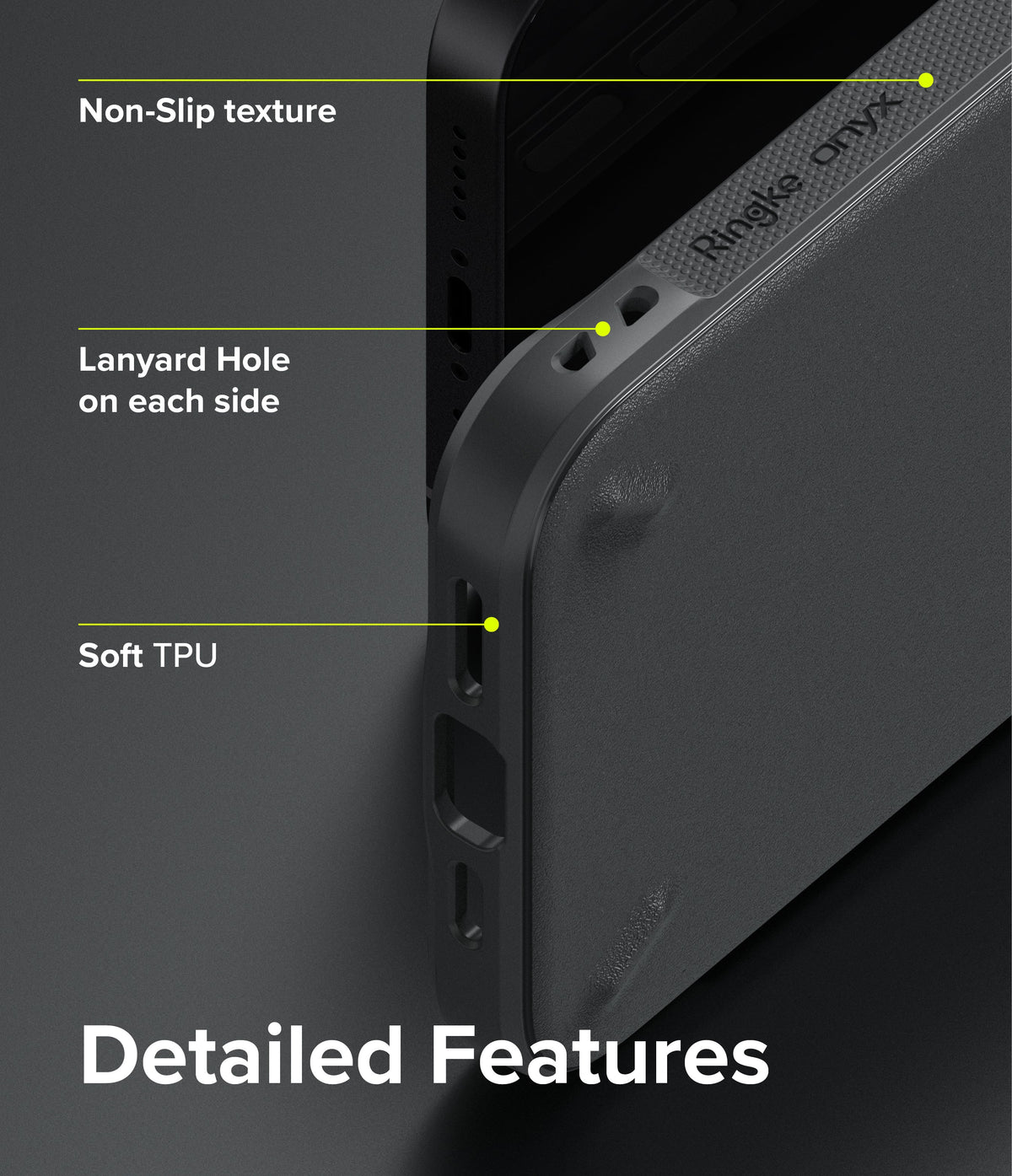 iPhone 13 Case | Onyx - Close-up of black phone case highlighting non-slip texture, lanyard holes, and soft TPU material.