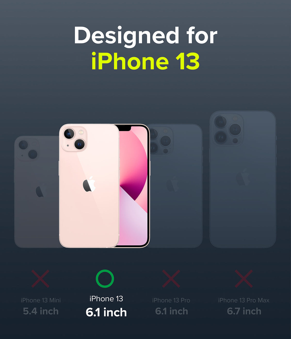 iPhone 13 Case | Onyx - Comparison chart showing iPhone 13 compatibility with a green checkmark versus other models with red X's.