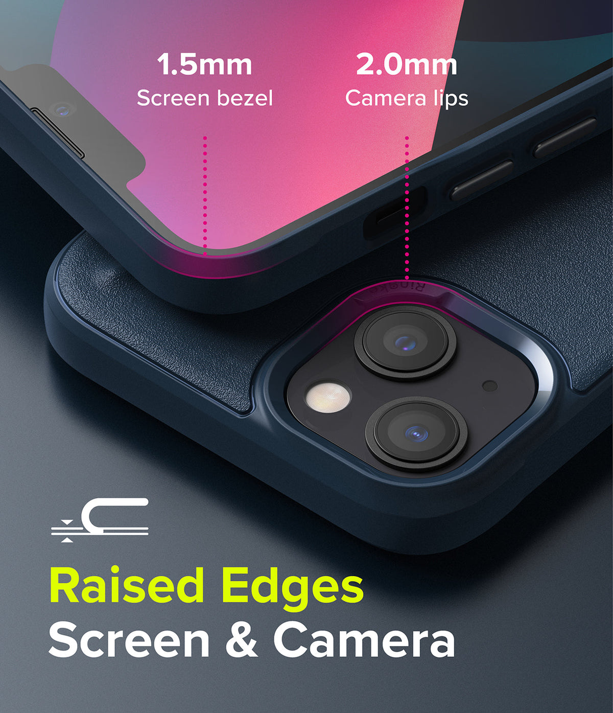 iPhone 13 Case | Onyx - Close-up showing 1.5mm screen bezel and 2.0mm camera lips for raised edge protection.