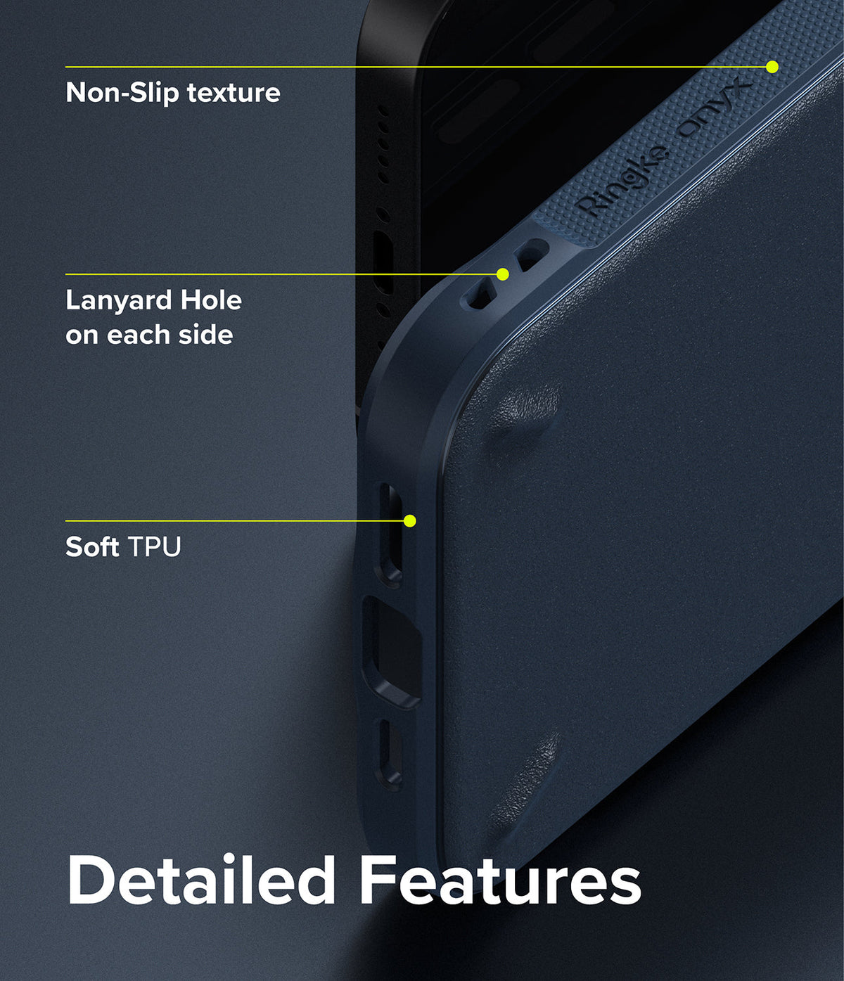 iPhone 13 Case | Onyx - Close-up of navy phone case showing non-slip texture, lanyard holes, and soft TPU material.