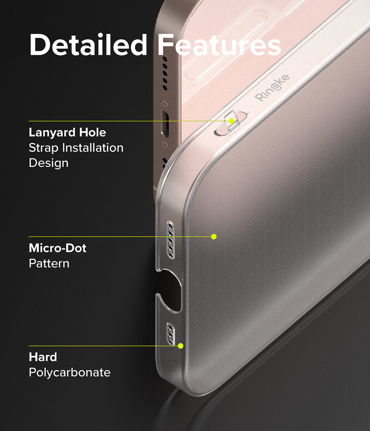 iPhone 13 Case | Slim - Close-up of a slim phone case highlighting lanyard holes, micro-dot pattern, and hard polycarbonate.