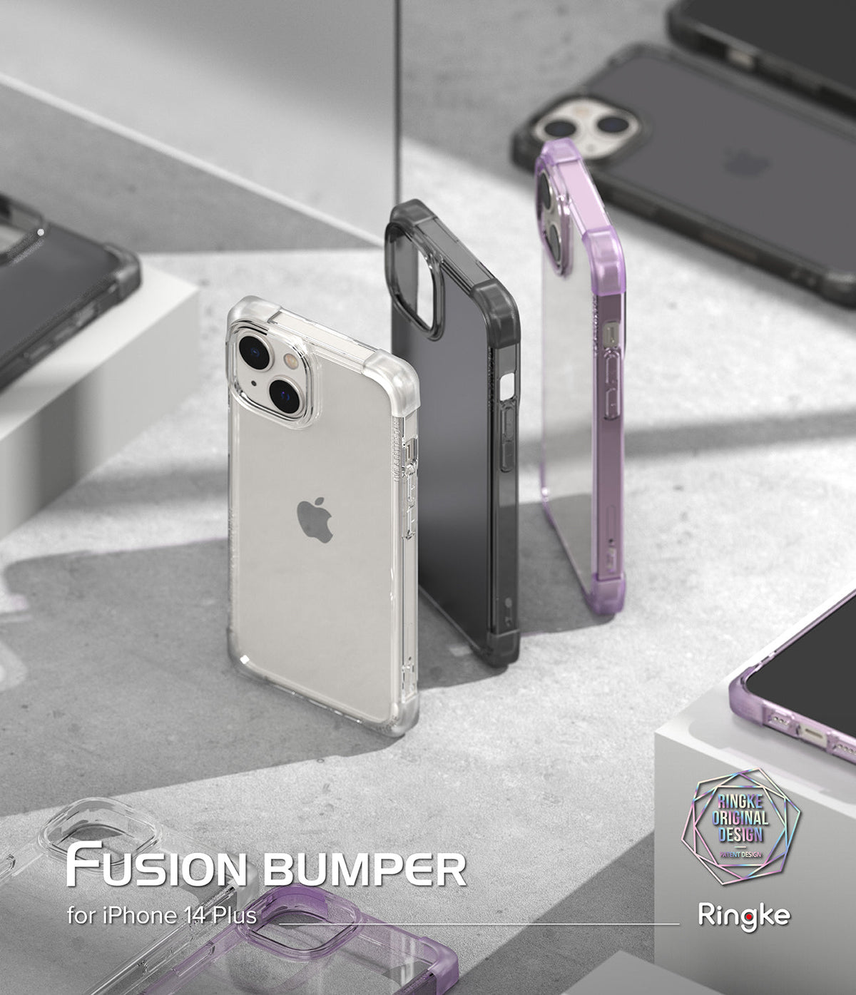 iPhone 14 Plus Case | Fusion Bumper - Clear, black, and purple bumper cases displayed on a concrete surface.