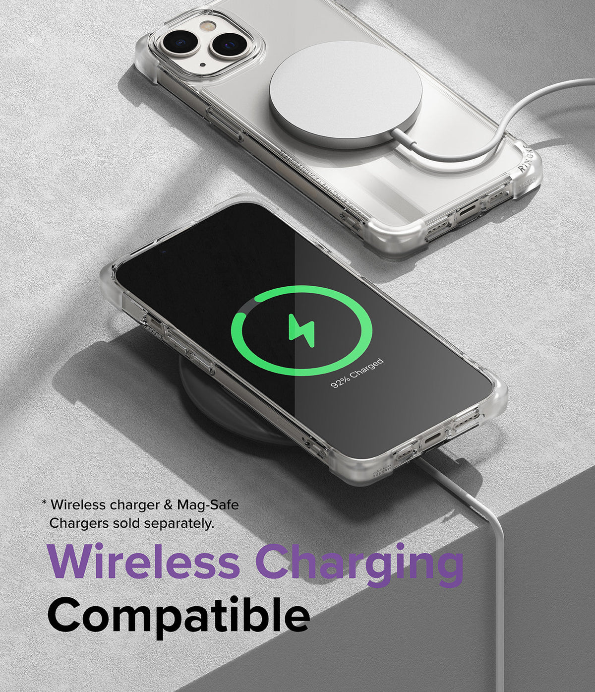 iPhone 14 Plus Case | Fusion Bumper - Clear phone case on an iPhone 14 Plus charging wirelessly with MagSafe and a pad.