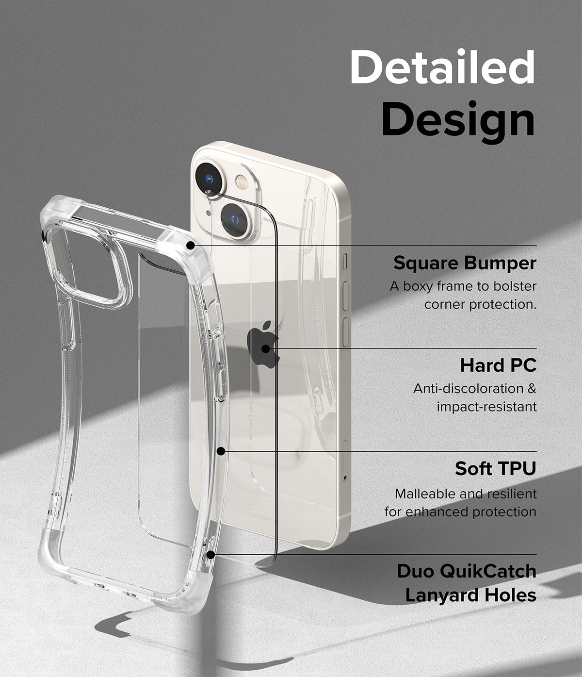 iPhone 14 Plus Case | Fusion Bumper - Exploded view of a clear phone case highlighting bumper, PC, TPU, and lanyard features.
