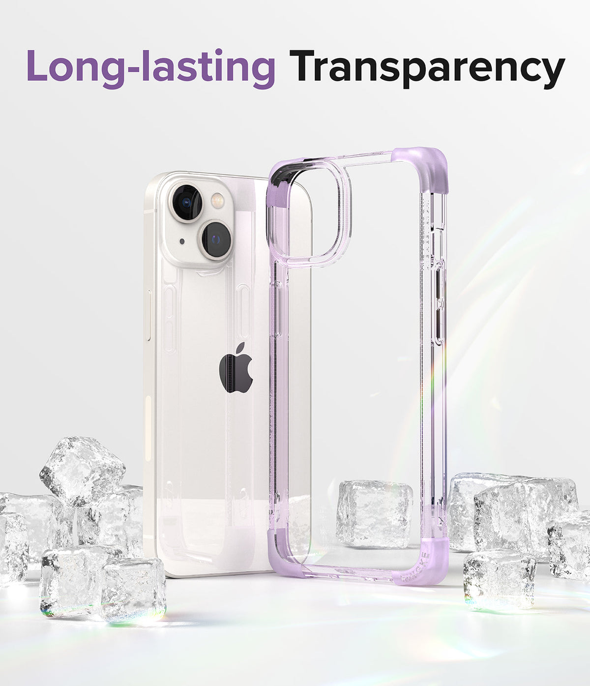 iPhone 14 Plus Case | Fusion Bumper - Clear iPhone 14 Plus with a purple-accented transparent bumper case surrounded by ice cubes.