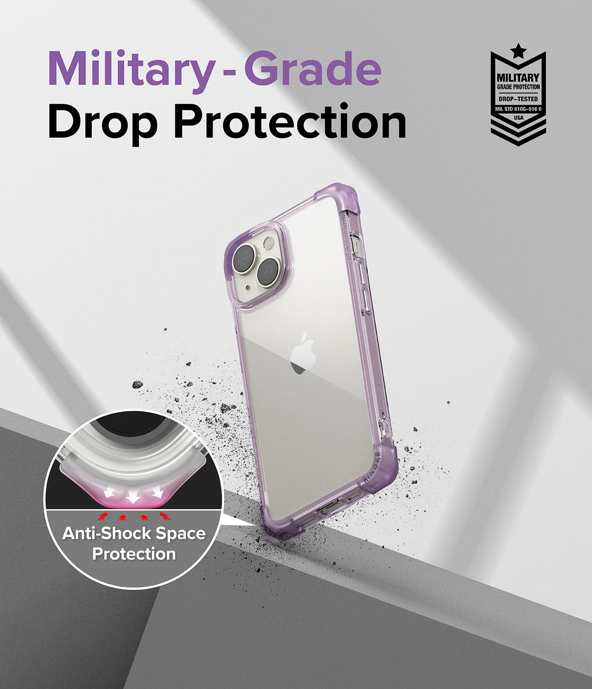 iPhone 14 Plus Case | Fusion Bumper - Purple clear phone case with reinforced corners and anti-shock protection badge.