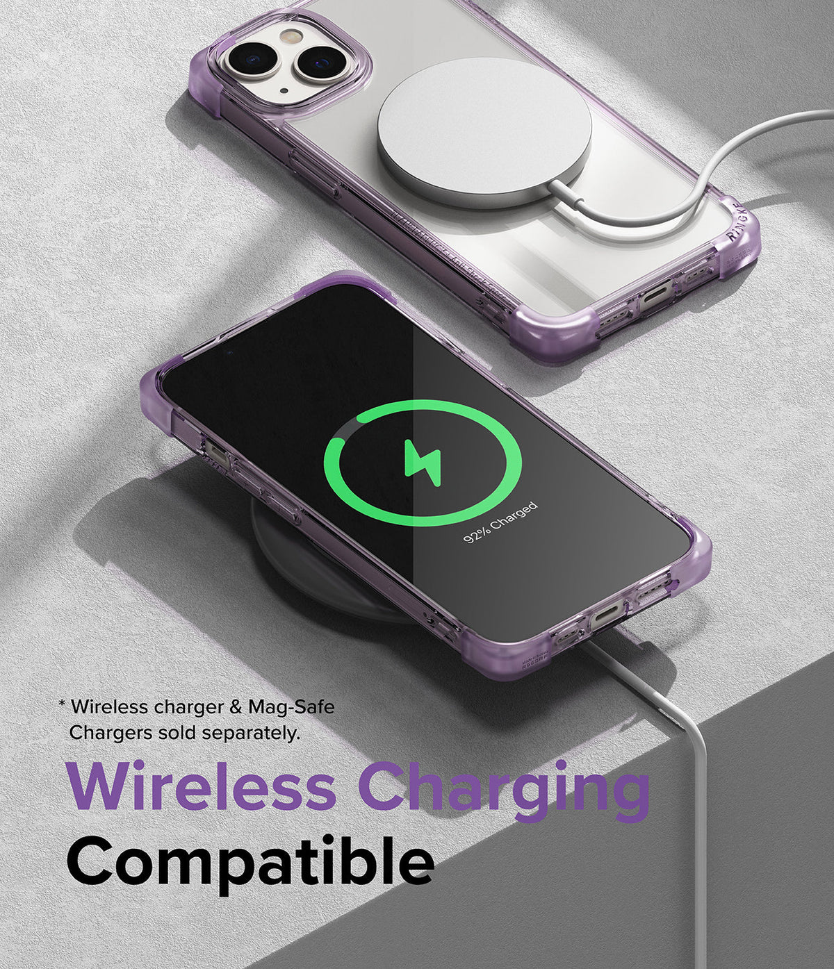 iPhone 14 Plus Case | Fusion Bumper - Purple iPhone 14 Plus in a clear bumper case charging wirelessly on a pad and with a MagSafe charger.