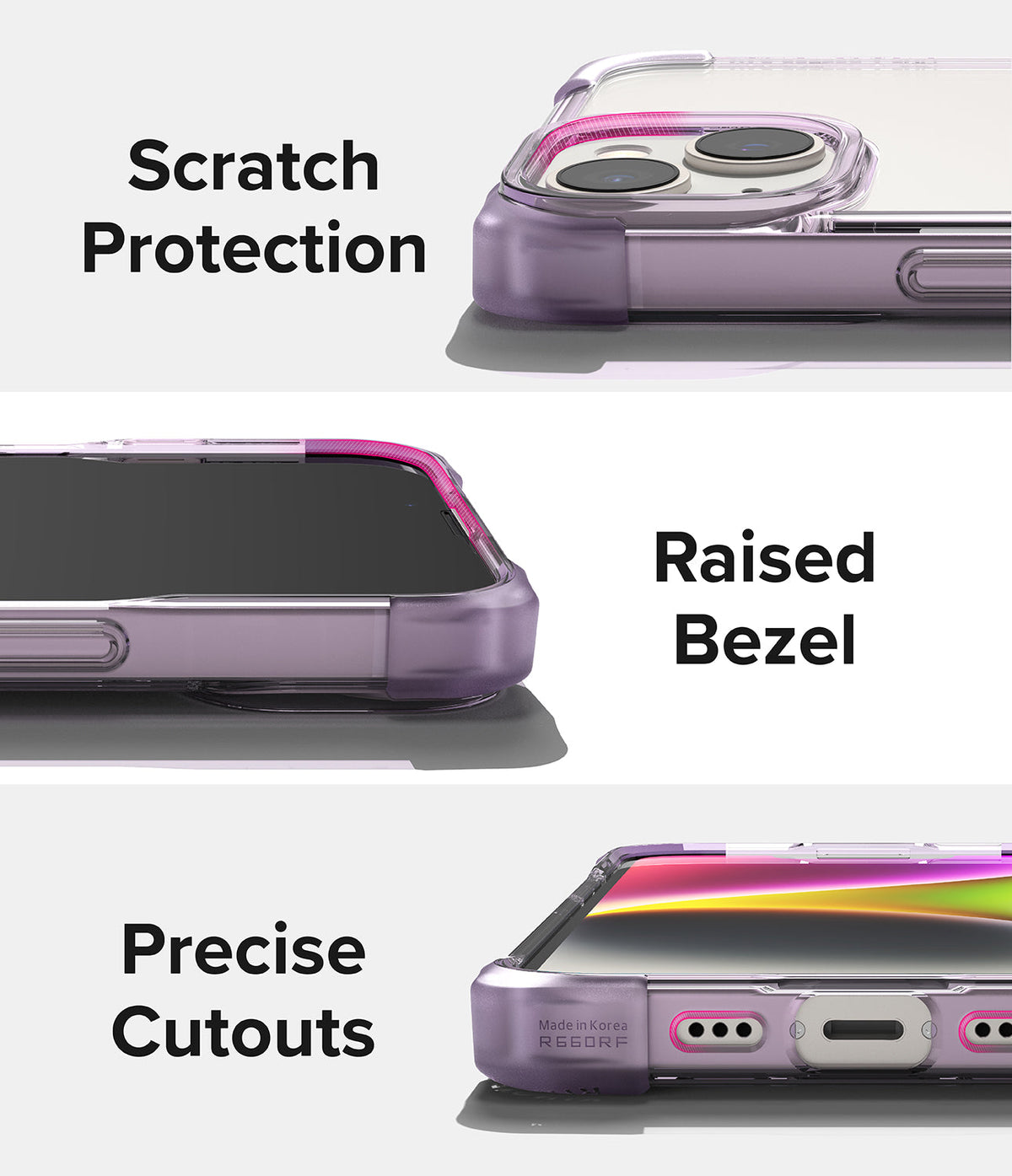 iPhone 14 Plus Case | Fusion Bumper - Three views of a purple phone case highlighting camera protection, raised screen bezels, and precise port cutouts.