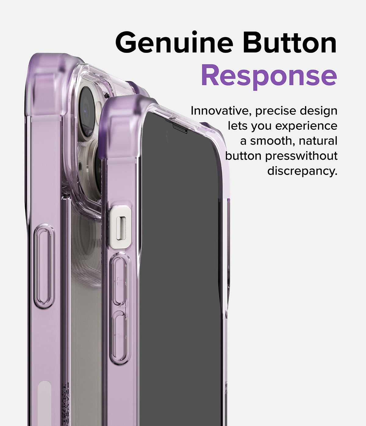 iPhone 14 Plus Case | Fusion Bumper - Close-up of a purple phone case highlighting responsive, tactile buttons and precise design.