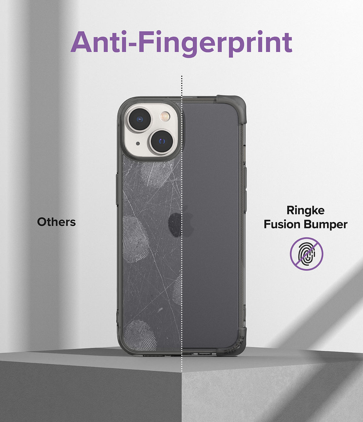 iPhone 14 Plus Case | Fusion Bumper - Comparison showing a fingerprint-covered phone case versus a clean Ringke Fusion Bumper.