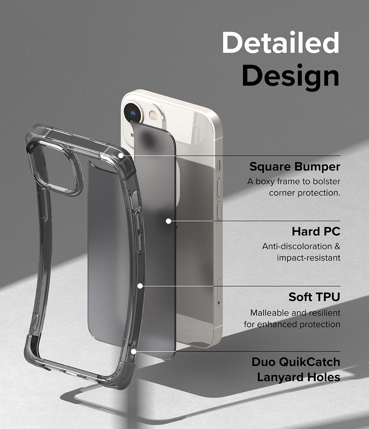 iPhone 14 Plus Case | Fusion Bumper - Exploded view of a phone case highlighting bumper, PC, TPU, and lanyard hole features.