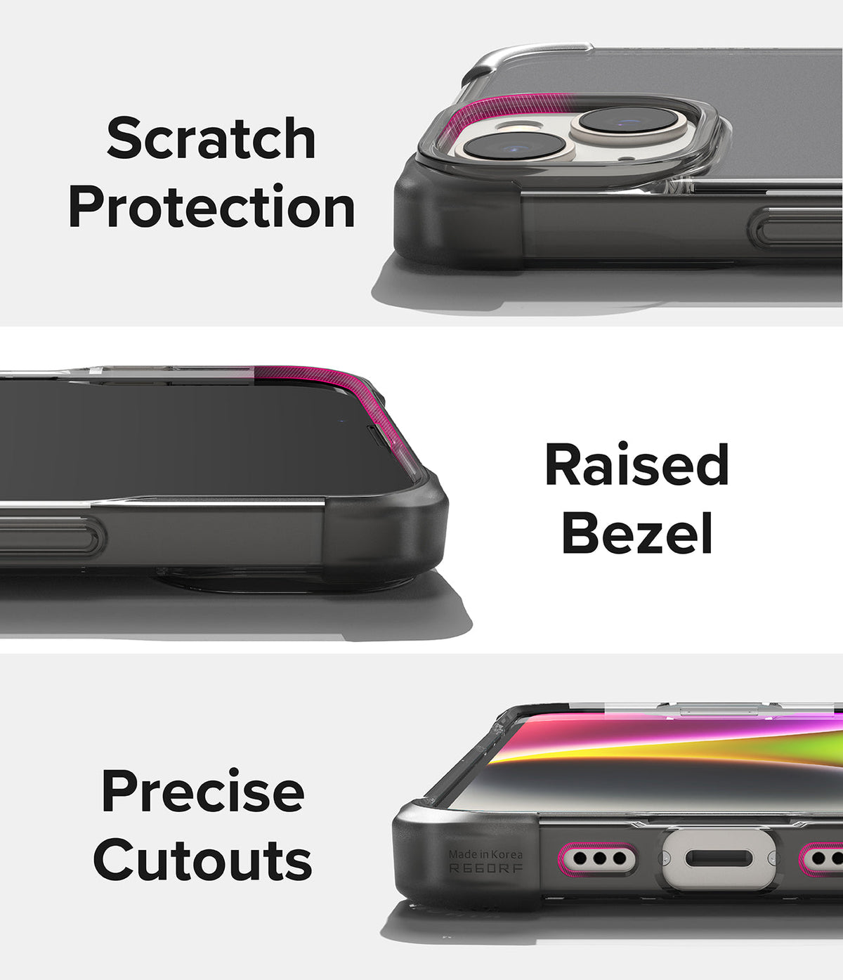 iPhone 14 Plus Case | Fusion Bumper - Three close-up views highlighting camera protection, raised screen bezels, and precise port cutouts.
