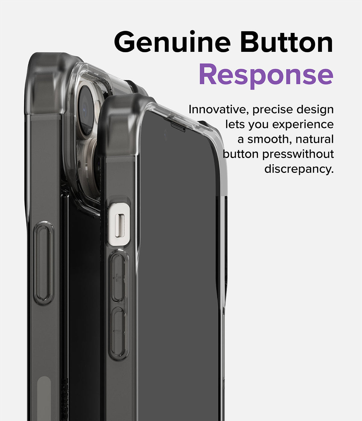 iPhone 14 Plus Case | Fusion Bumper - Close-up of a clear phone case highlighting responsive, precise side buttons.