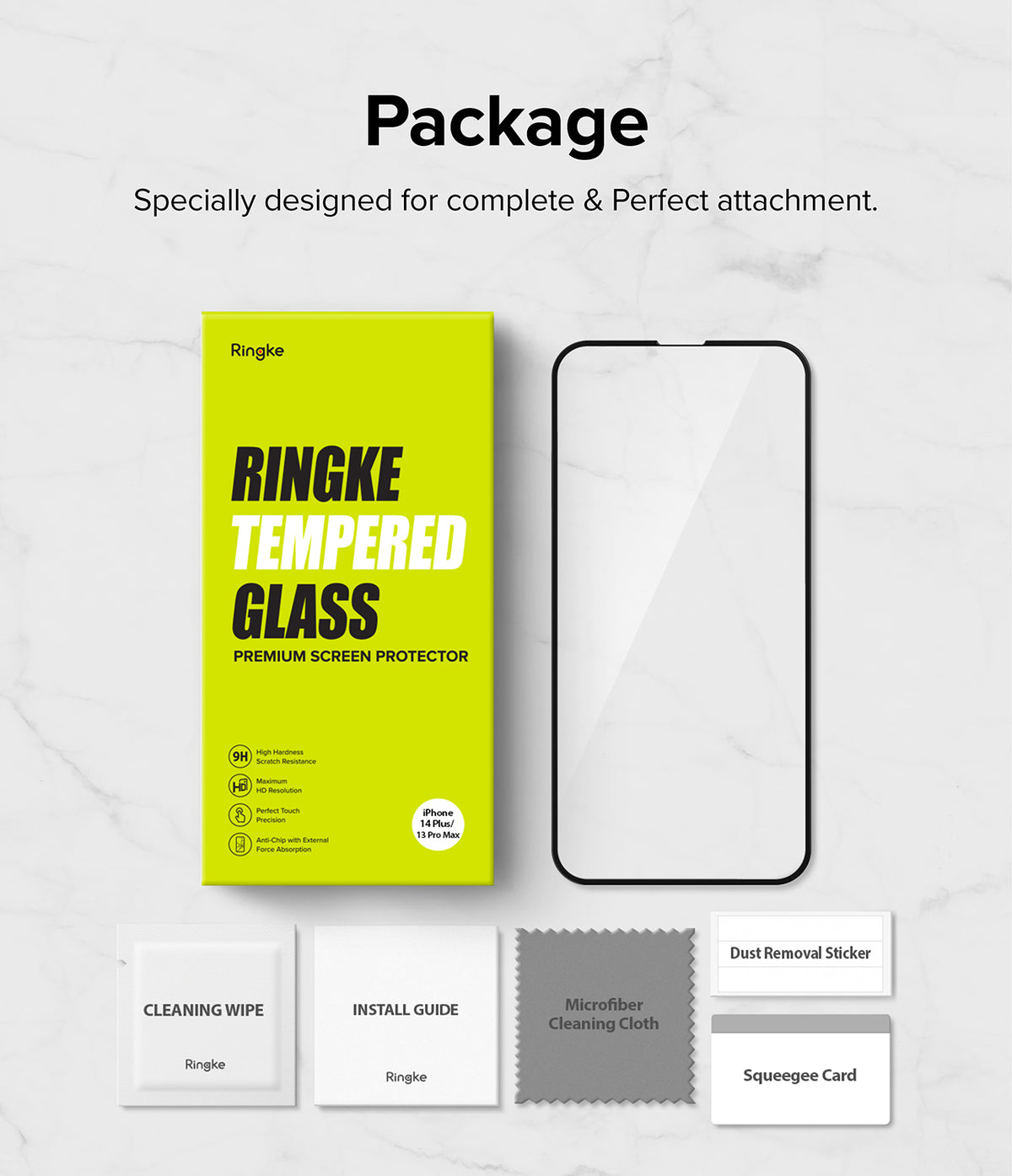 iPhone 14 Plus / 13 Pro Max Screen Protector | Full Cover Glass - iPhone 14 Plus / 13 Pro Max Screen Protector - Ringke tempered glass packaging, screen protector, and installation kit.