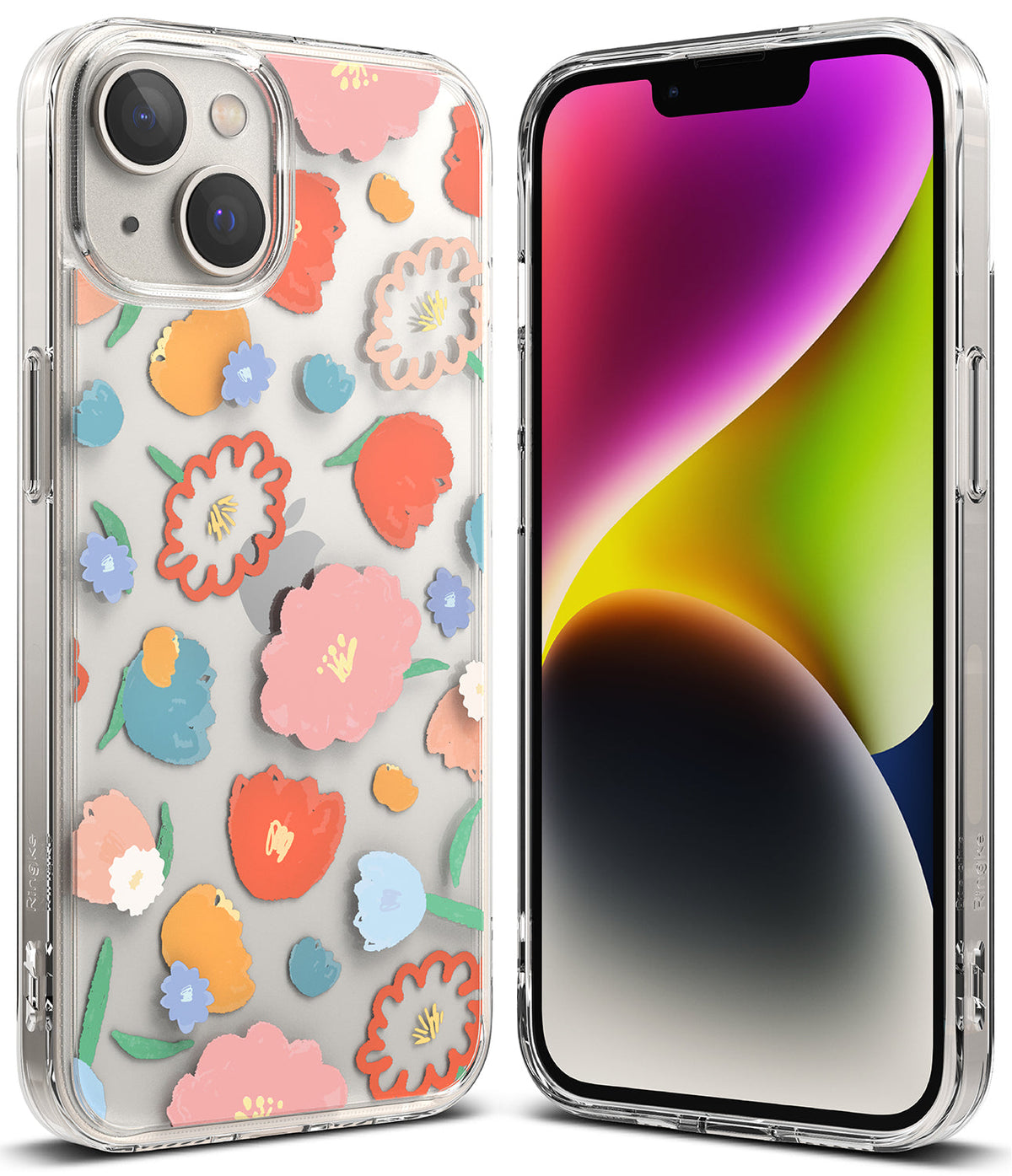 iPhone 14 Case | Fusion Design - Clear phone case with colorful, hand-drawn style floral pattern and front screen view.