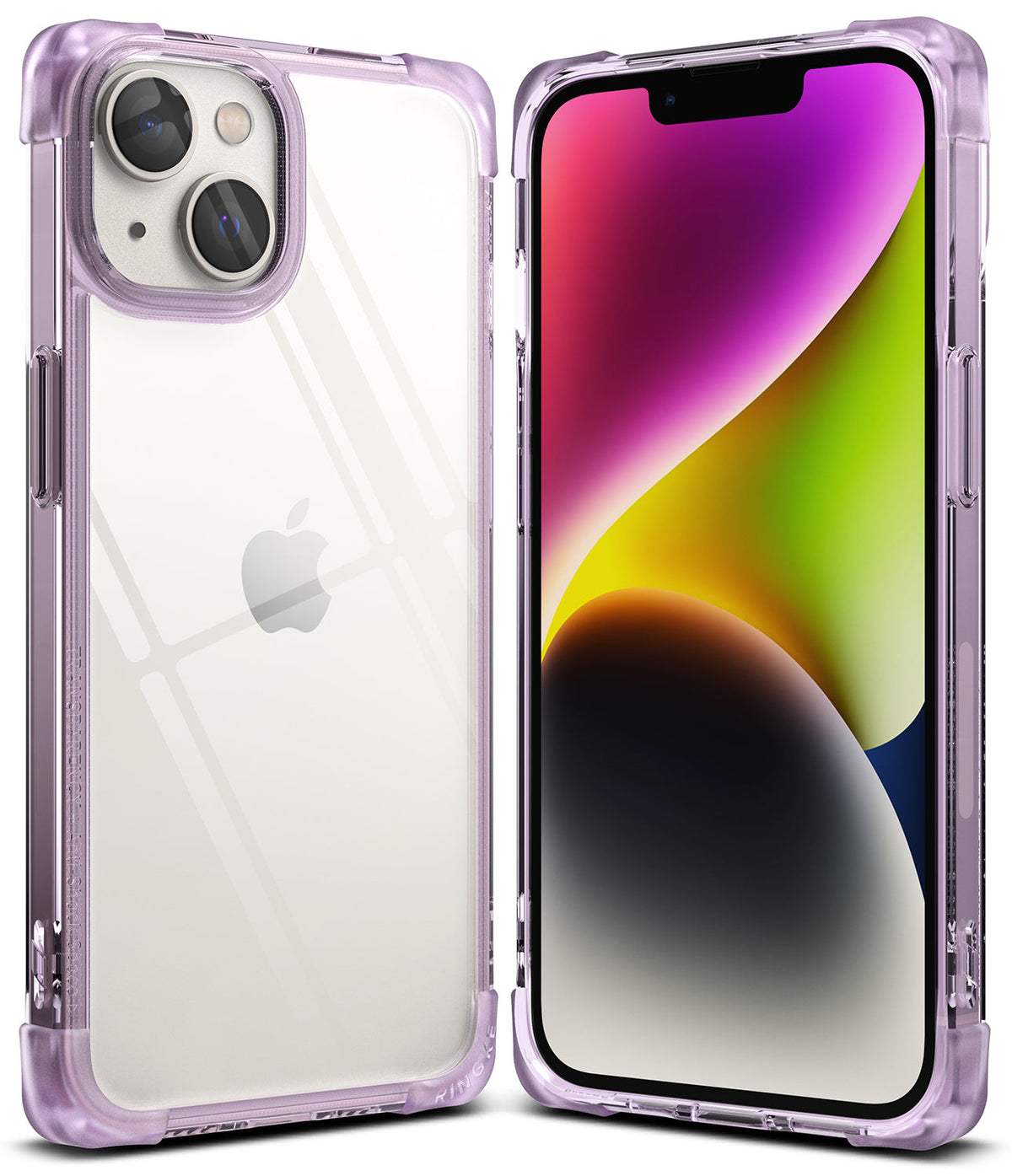 iPhone 14 Plus Case | Fusion Bumper - Clear iPhone 14 Plus with a purple-tinted protective bumper case shown from front and back.