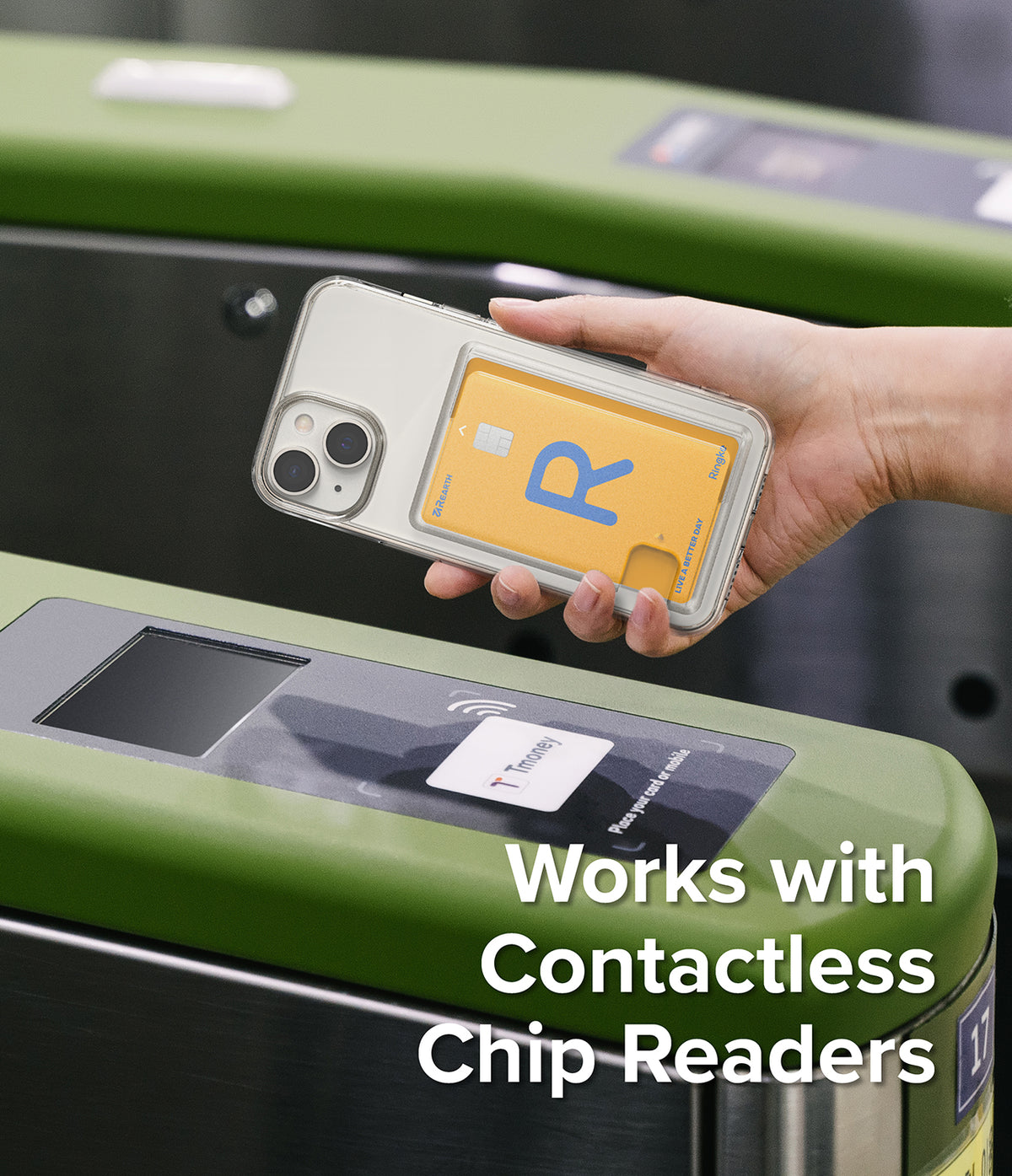 iPhone 14 Plus Case | Fusion Card - Hand holding a phone with a card in the case over a contactless transit gate reader.
