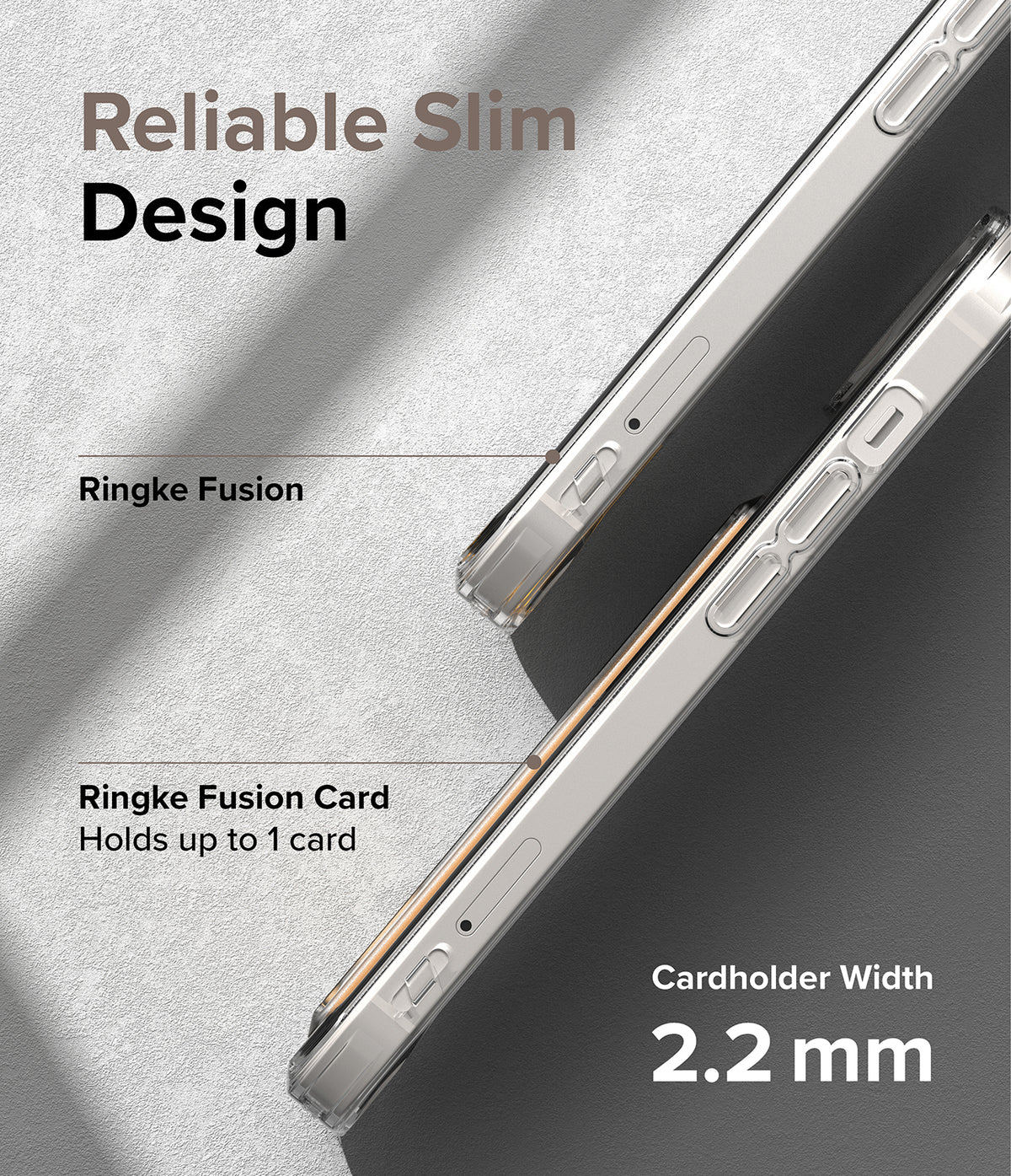 iPhone 14 Plus Case | Fusion Card - Side-by-side comparison of a slim clear phone case and a cardholder case with 2.2mm width.