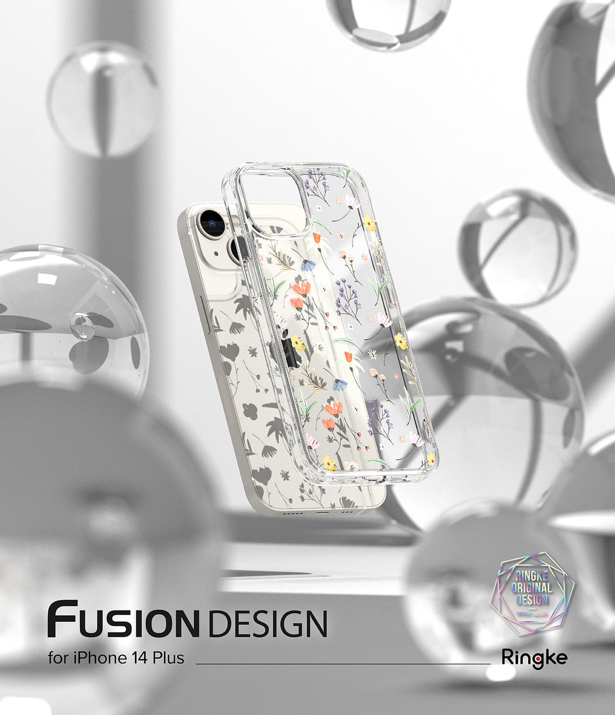 iPhone 14 Plus Case | Fusion Design - Clear phone case with colorful floral print floating among glass spheres.