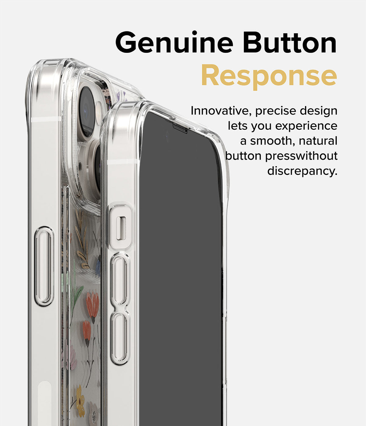 iPhone 14 Plus Case | Fusion Design - Close-up of clear phone case buttons with floral pattern on a white background.