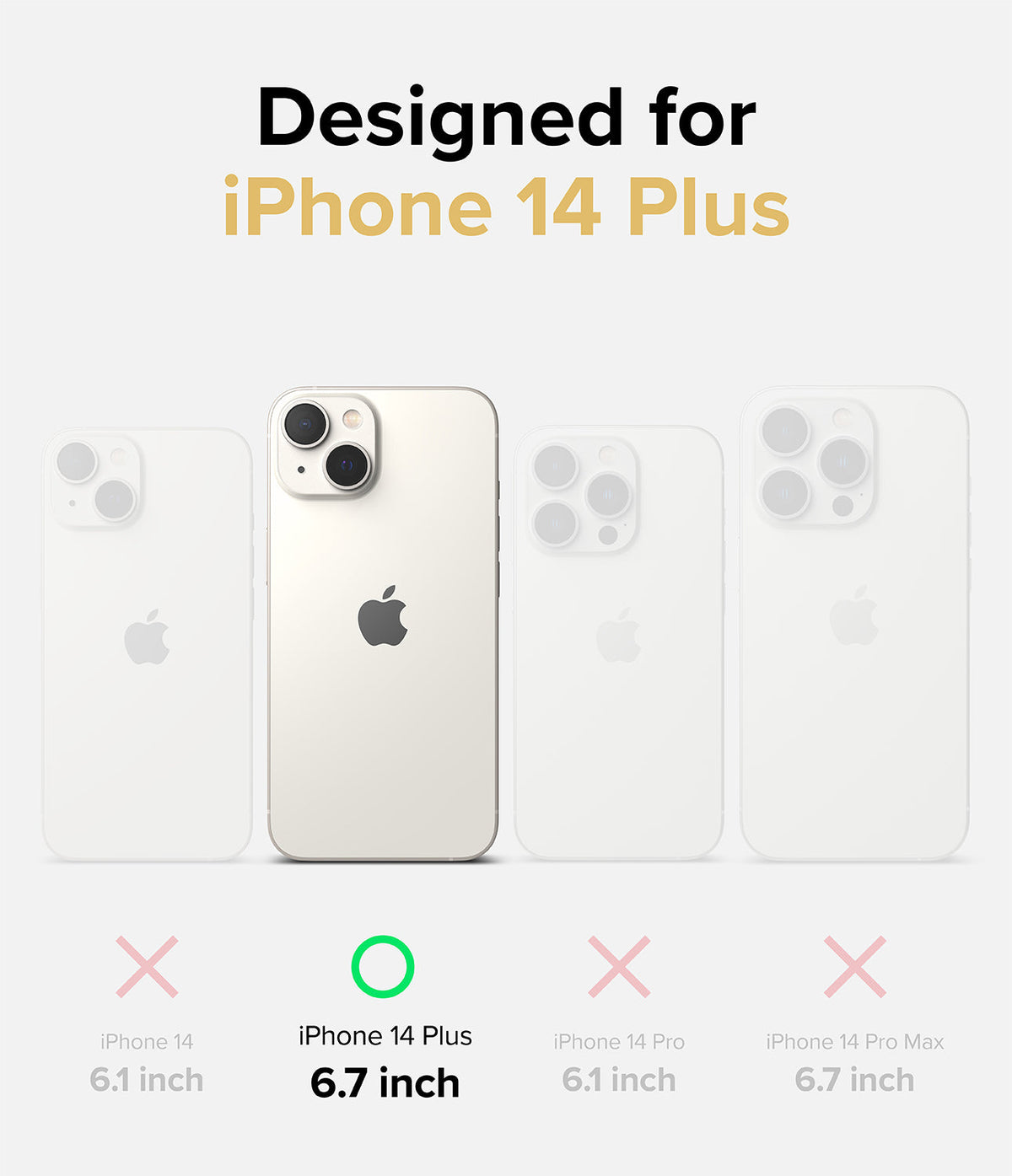 iPhone 14 Plus Case | Fusion Design - Comparison chart highlighting the iPhone 14 Plus with a green checkmark.