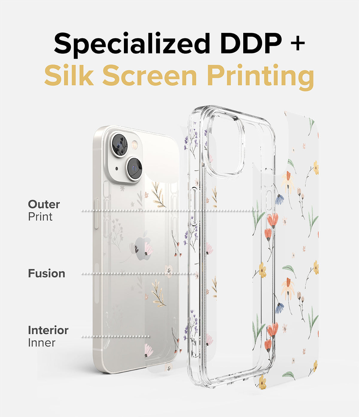 iPhone 14 Plus Case | Fusion Design - Exploded view of a floral phone case showing outer, fusion, and inner print layers.