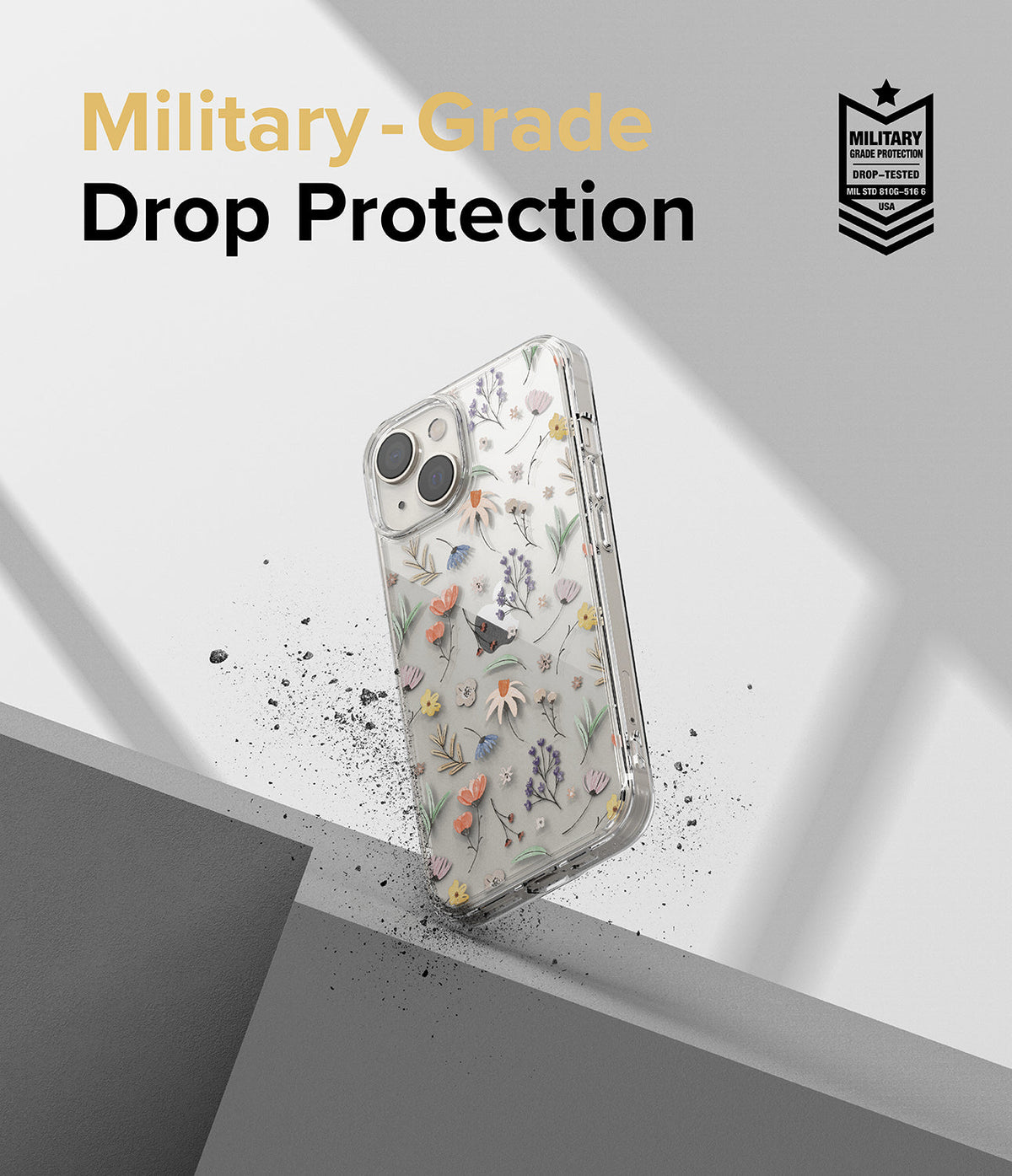iPhone 14 Plus Case | Fusion Design - Floral iPhone case with military-grade drop protection against a gray background.