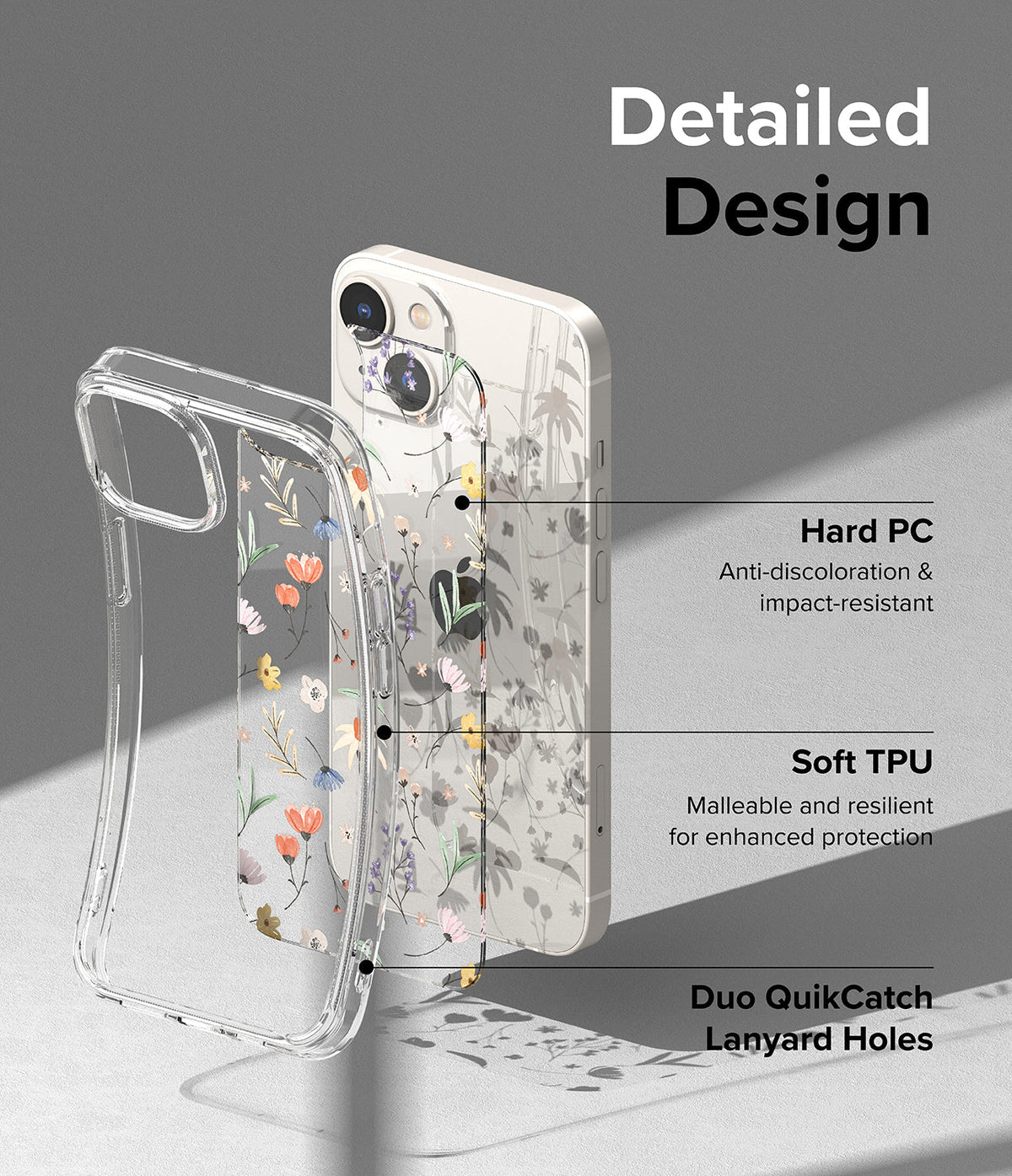 iPhone 14 Plus Case | Fusion Design - Exploded view of a floral phone case showing hard PC, soft TPU, and lanyard holes.