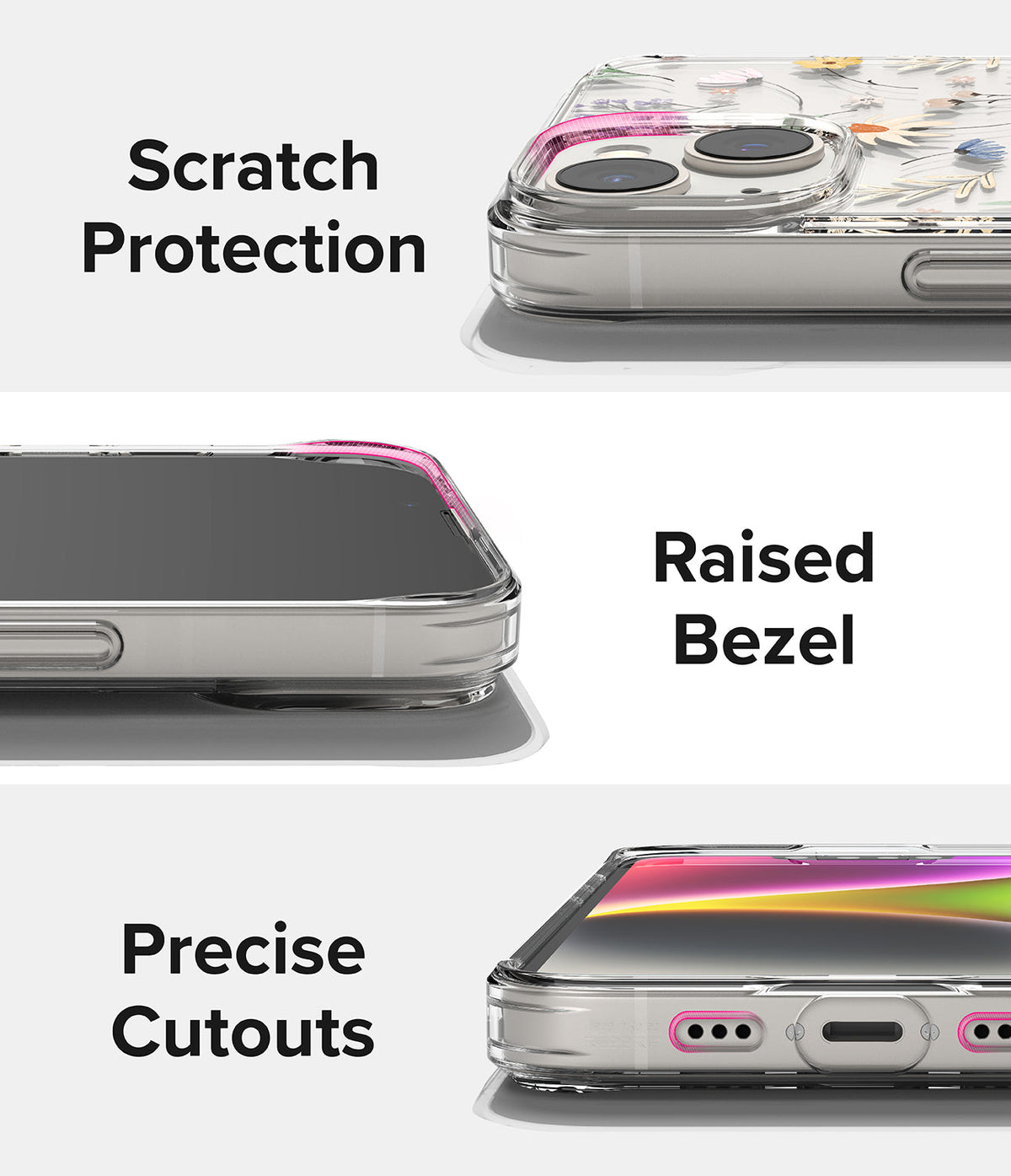 iPhone 14 Plus Case | Fusion Design - Close-up views showing scratch protection, raised bezels, and precise port cutouts.