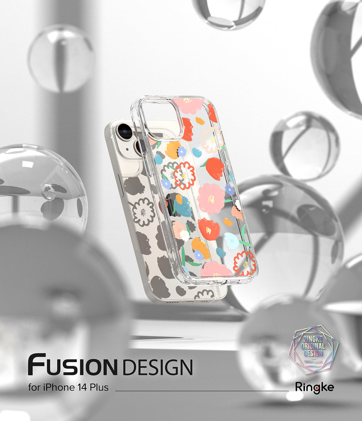 iPhone 14 Plus Case | Fusion Design - Clear phone case with colorful floral patterns floating among glass spheres.