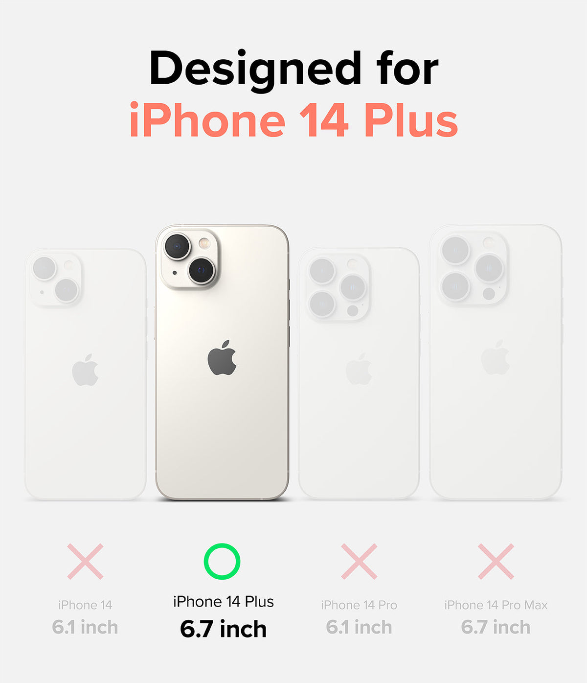 iPhone 14 Plus Case | Fusion Design - Comparison chart showing iPhone 14 Plus highlighted as the correct fit among other models.