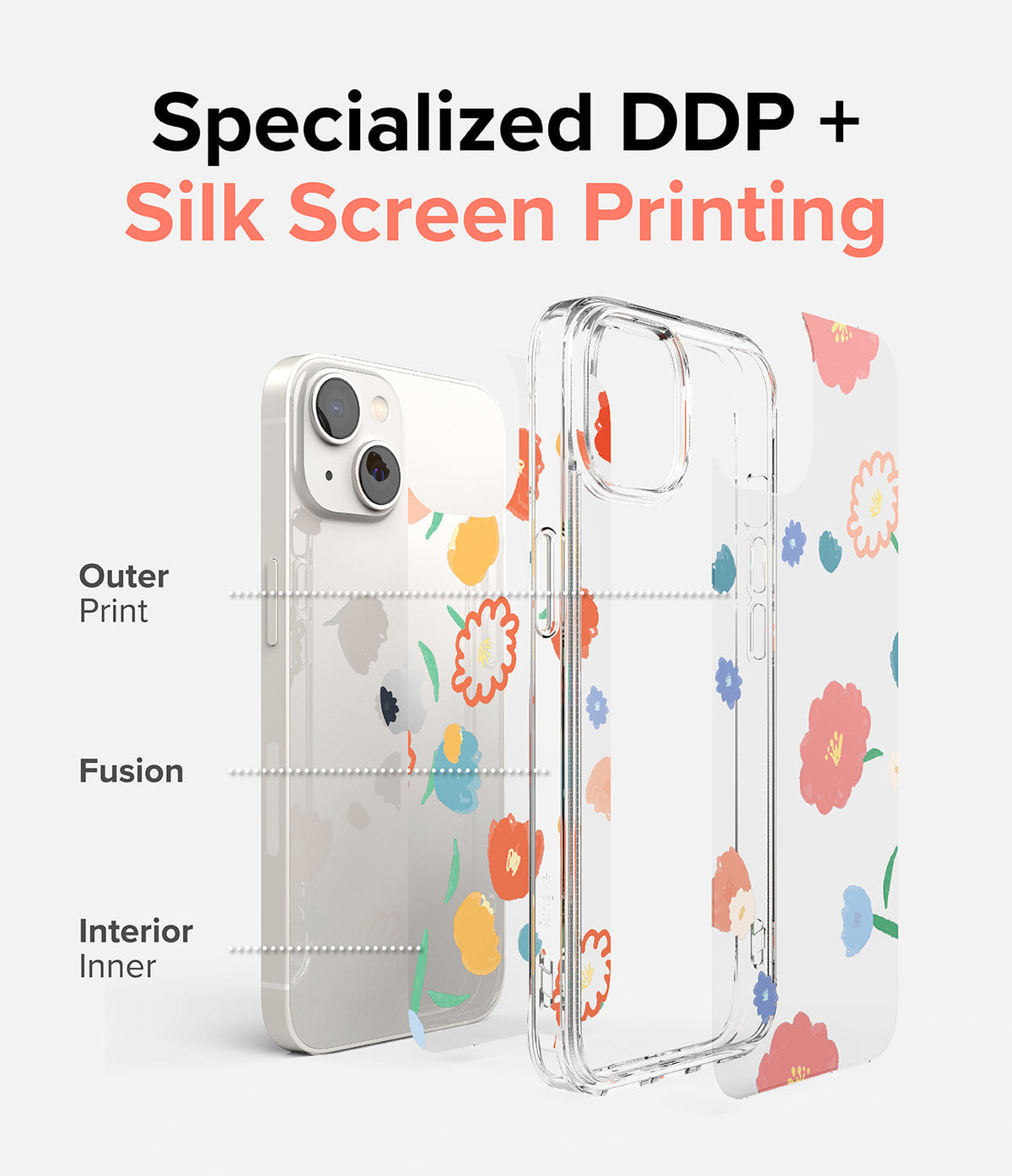 iPhone 14 Plus Case | Fusion Design - Exploded view showing floral print layers on a clear phone case.