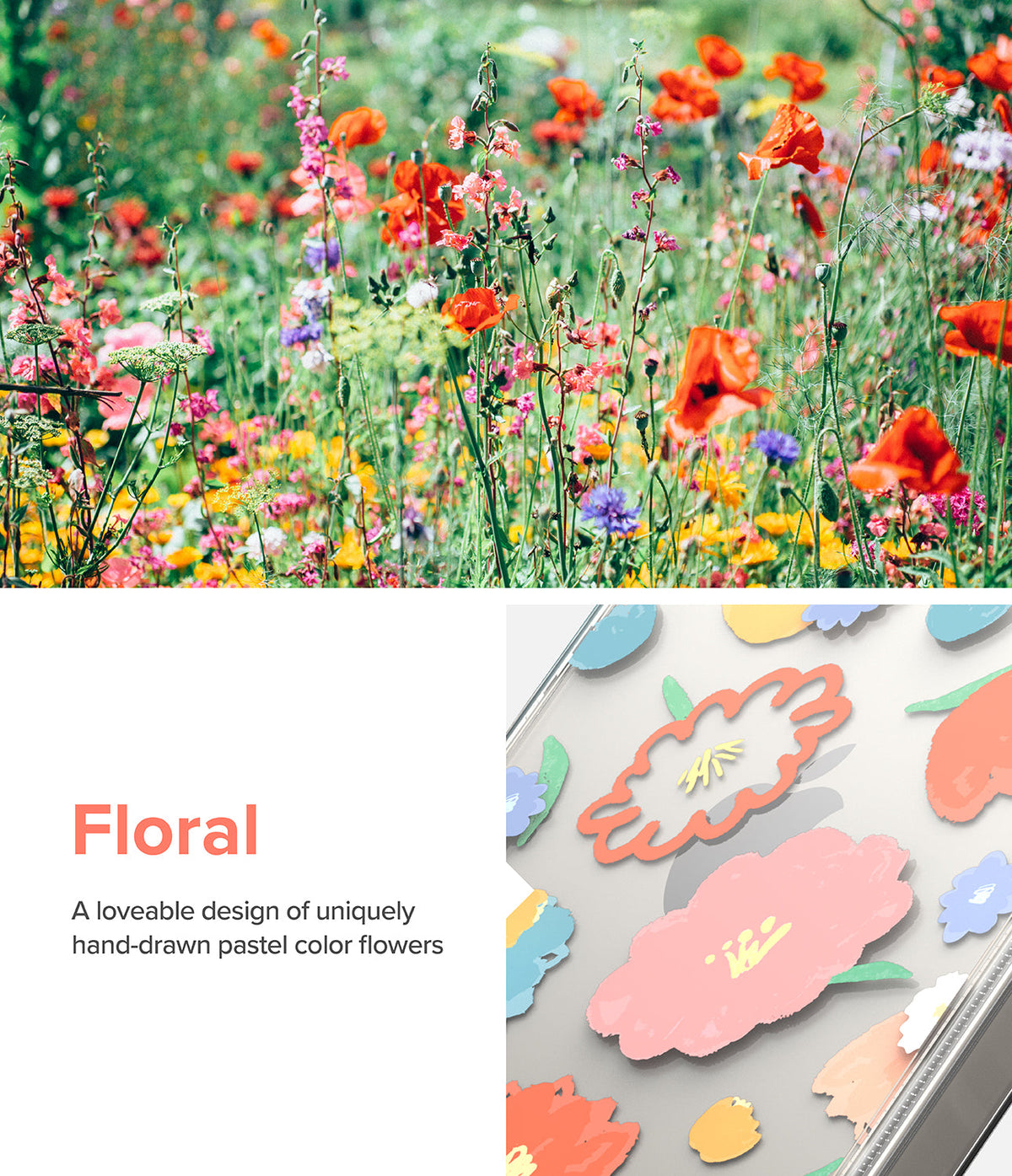 iPhone 14 Plus Case | Fusion Design - Clear phone case featuring hand-drawn pastel floral illustrations over a meadow.