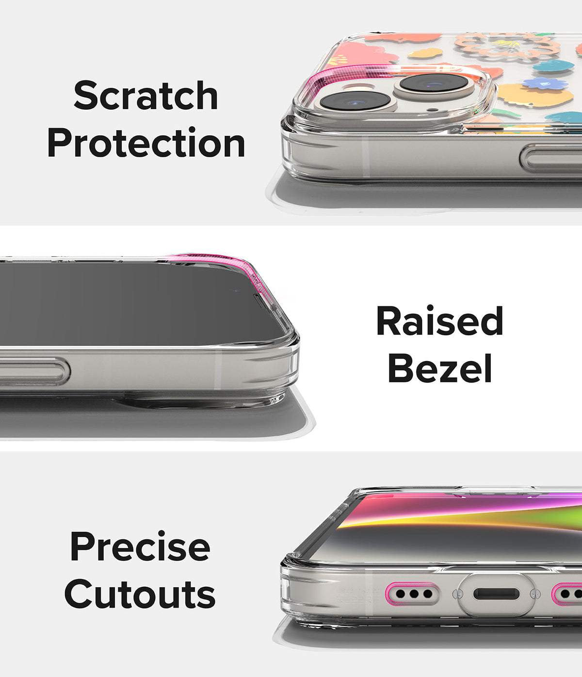 iPhone 14 Plus Case | Fusion Design - Three close-up views of a clear floral phone case highlighting scratch protection, raised bezels, and precise cutouts.