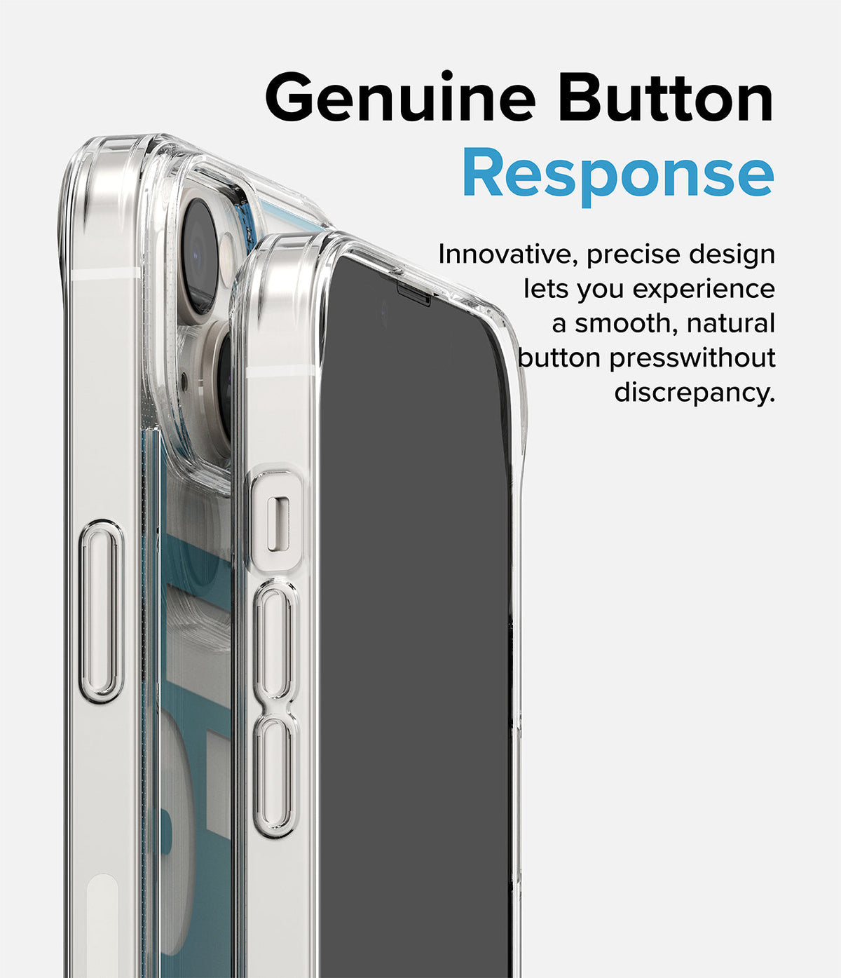 iPhone 14 Plus Case | Fusion Design - Clear phone case highlighting precise, tactile button cutouts on an iPhone 14 Plus.
