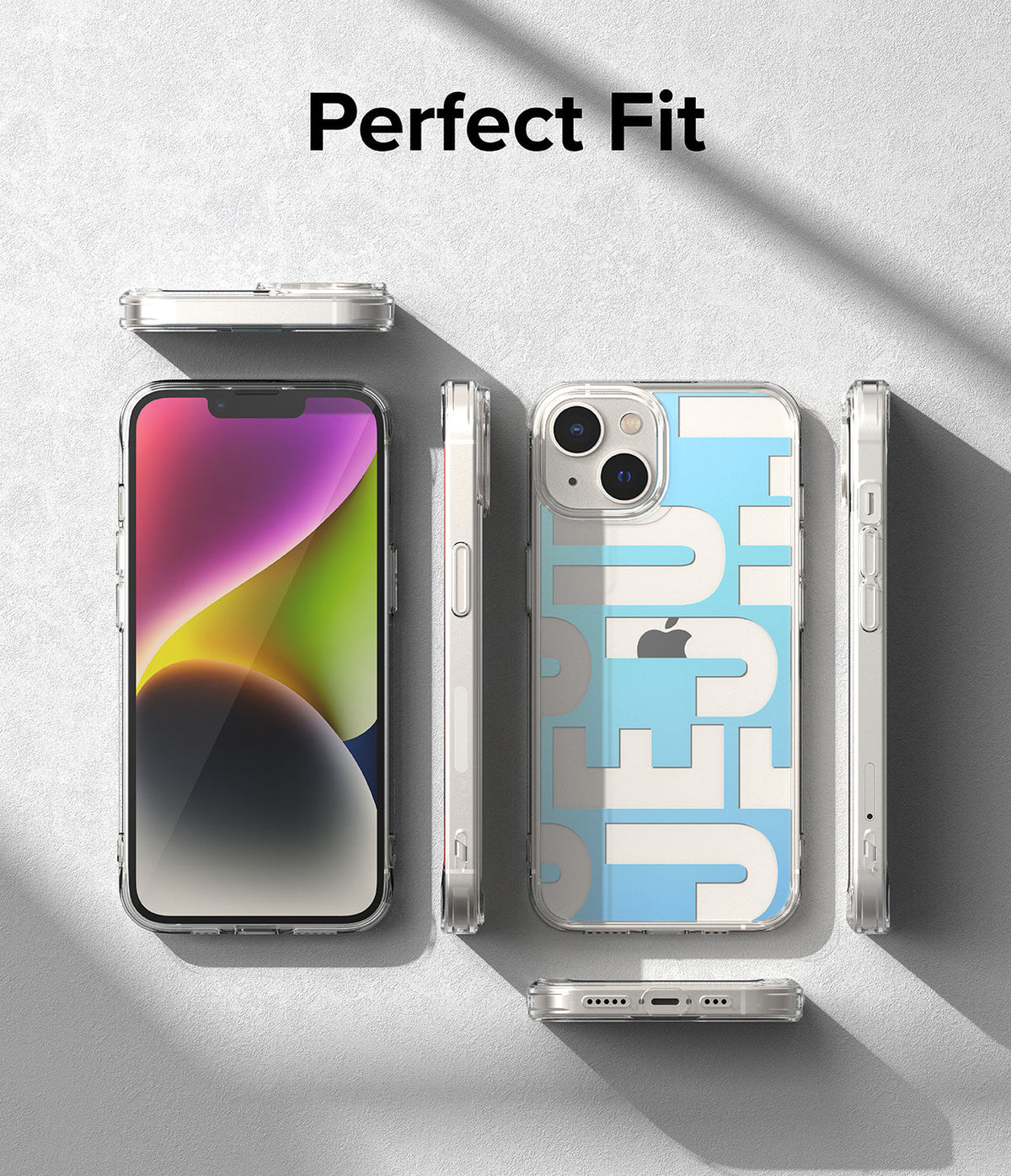 iPhone 14 Plus Case | Fusion Design - Clear phone case with blue graphic text displayed from multiple angles.