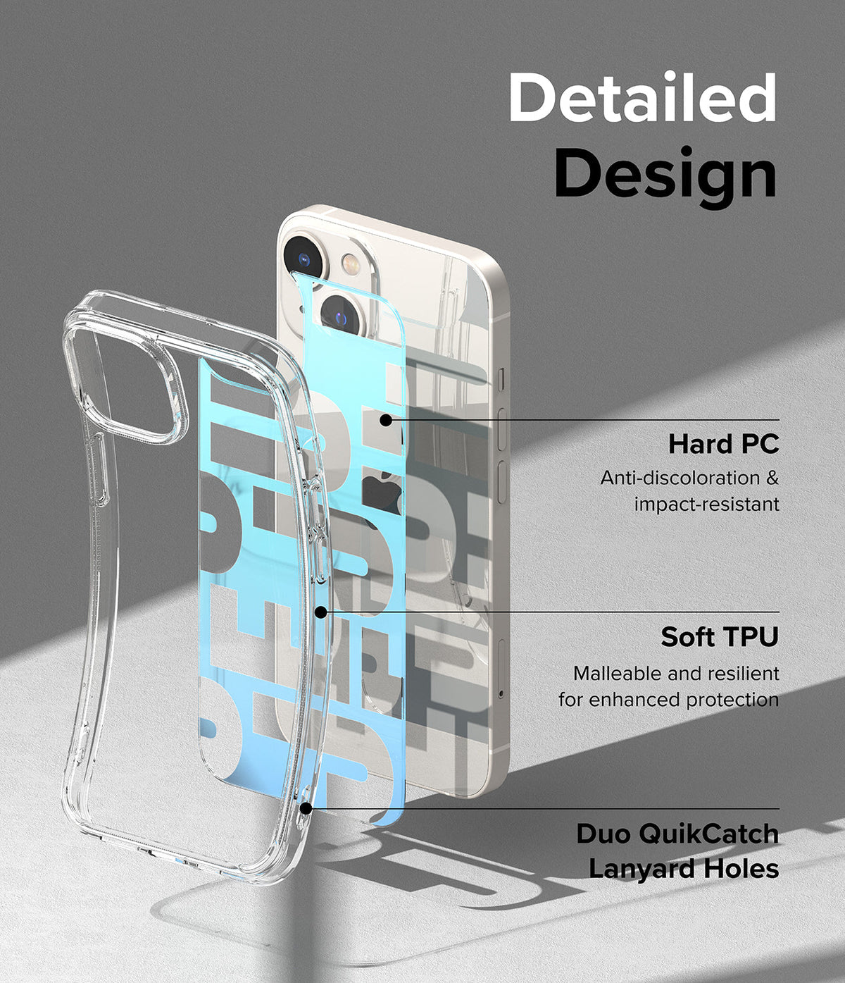 iPhone 14 Plus Case | Fusion Design - Exploded view of a clear phone case highlighting hard PC, soft TPU, and lanyard holes.