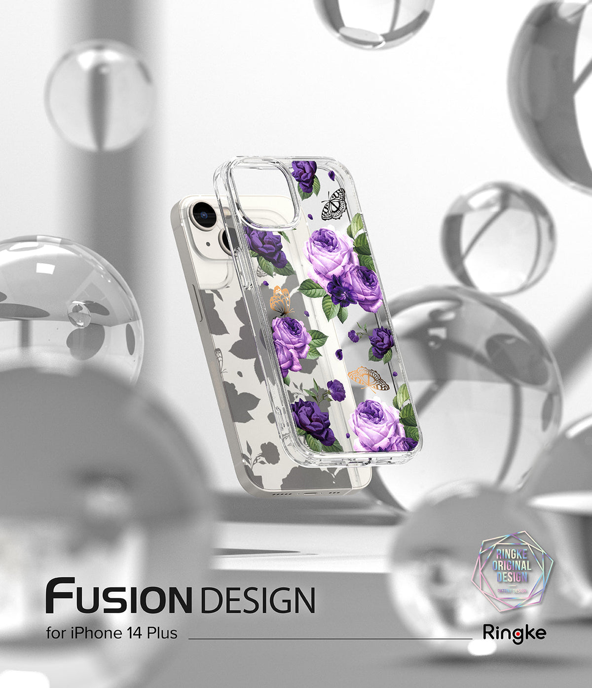 iPhone 14 Plus Case | Fusion Design - Clear phone case with purple roses and butterflies floating among glass orbs.