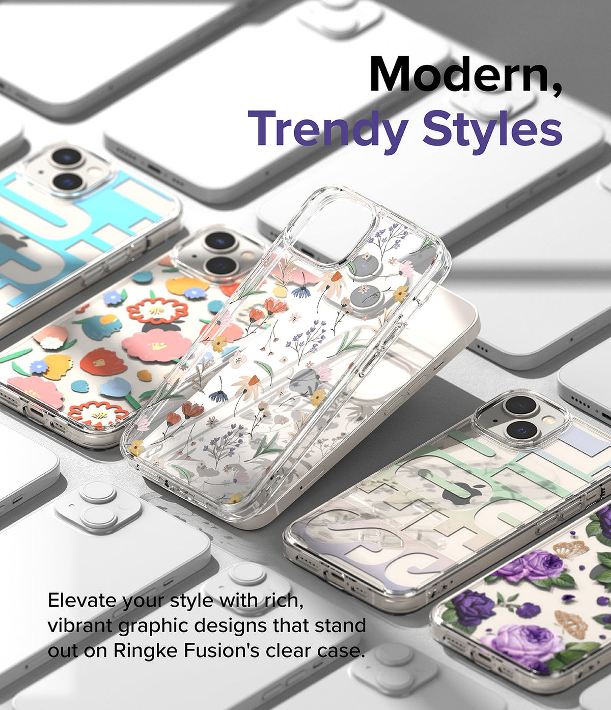 iPhone 14 Plus Case | Fusion Design - Assorted clear phone cases with floral, botanical, and graphic patterns displayed on white phones.