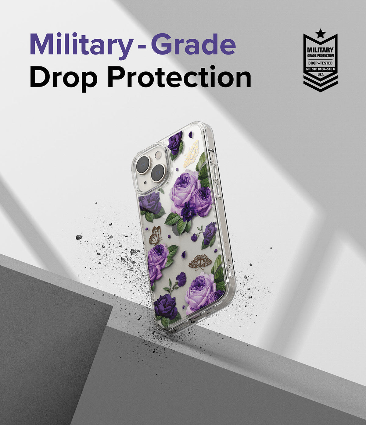 iPhone 14 Plus Case | Fusion Design - Clear phone case with purple roses and butterflies, featuring military-grade drop protection.