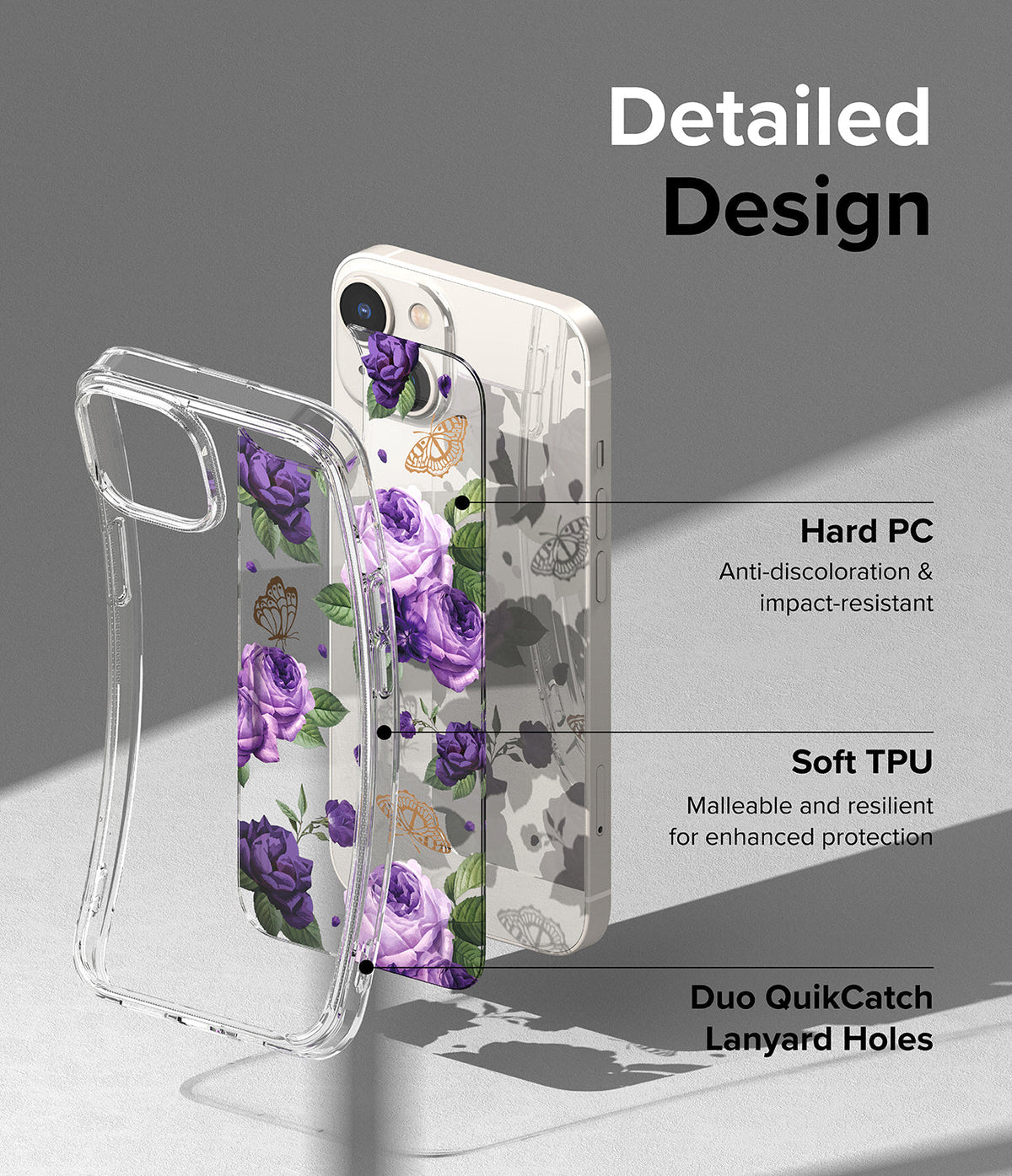 iPhone 14 Plus Case | Fusion Design - Exploded view of a floral phone case showing hard PC, soft TPU, and lanyard holes.