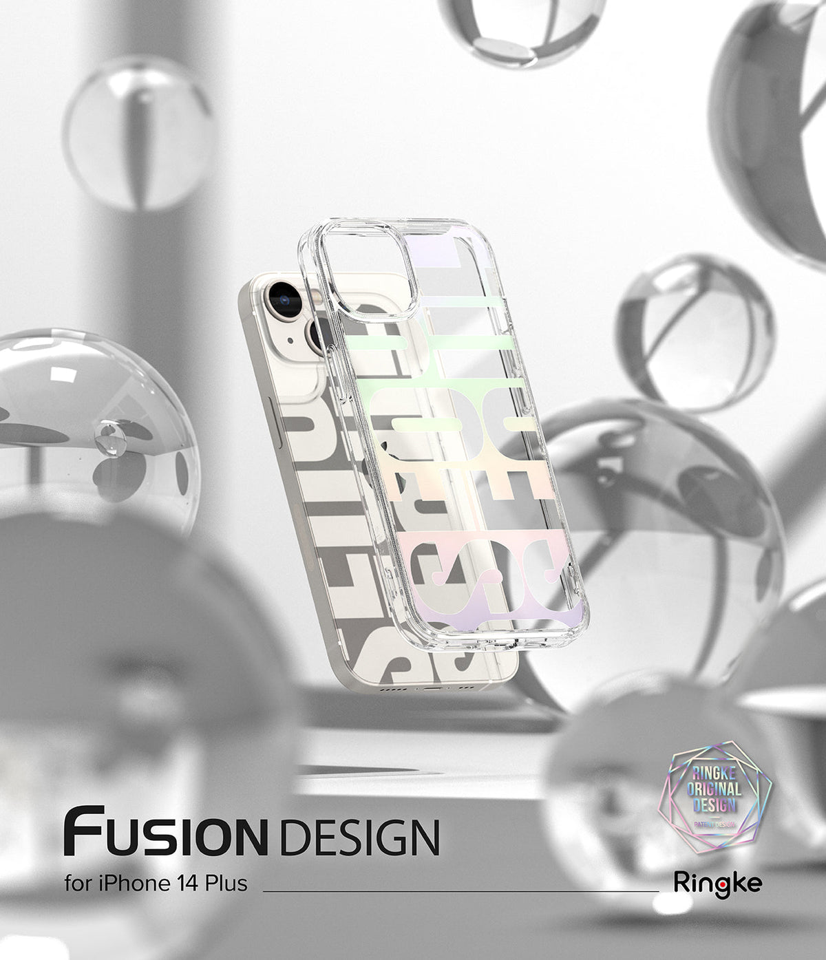 iPhone 14 Plus Case | Fusion Design - Clear phone case with pastel lettering floating among glass spheres.