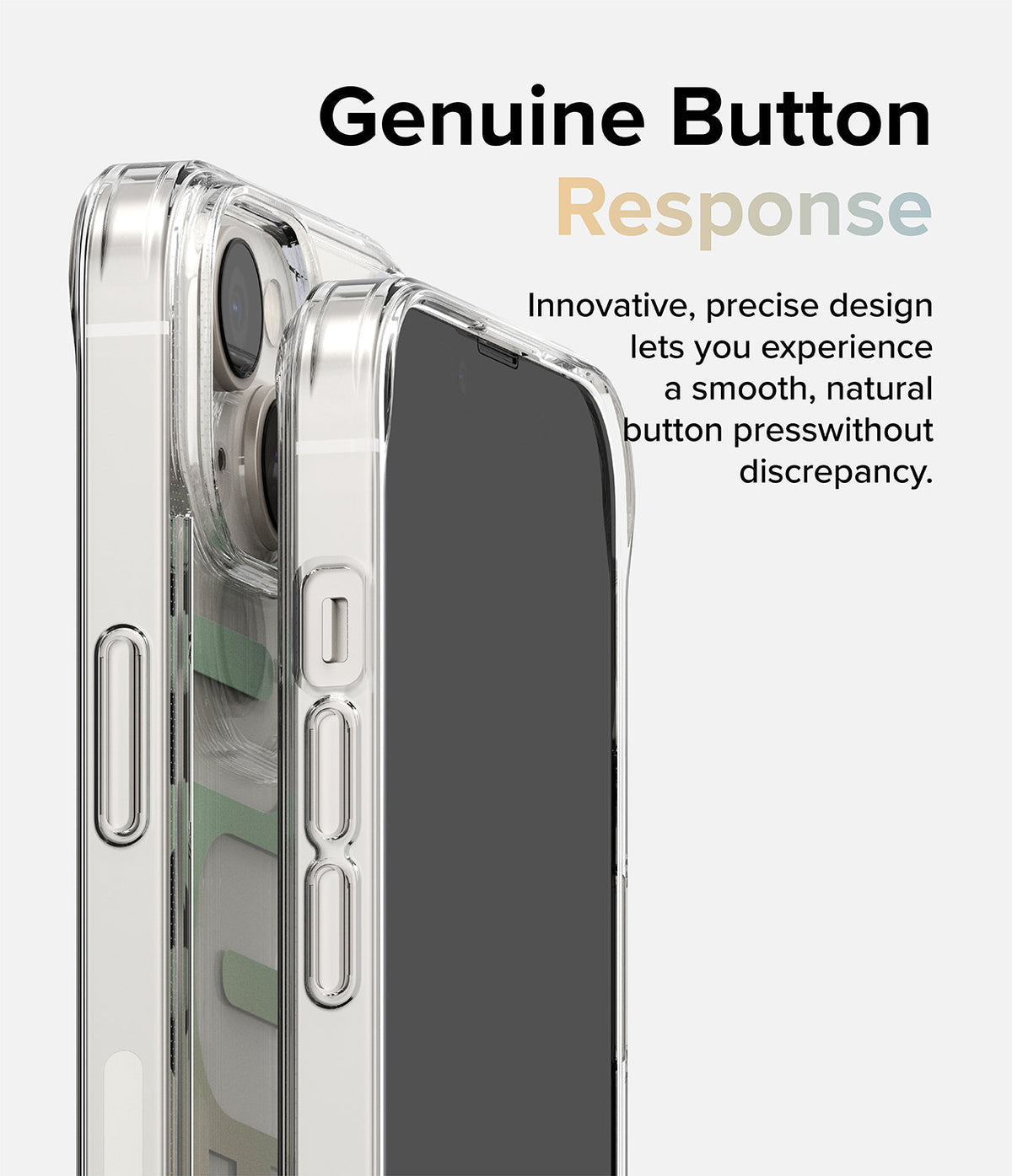 iPhone 14 Plus Case | Fusion Design - Close-up of a clear phone case highlighting precise, responsive button covers on the side.