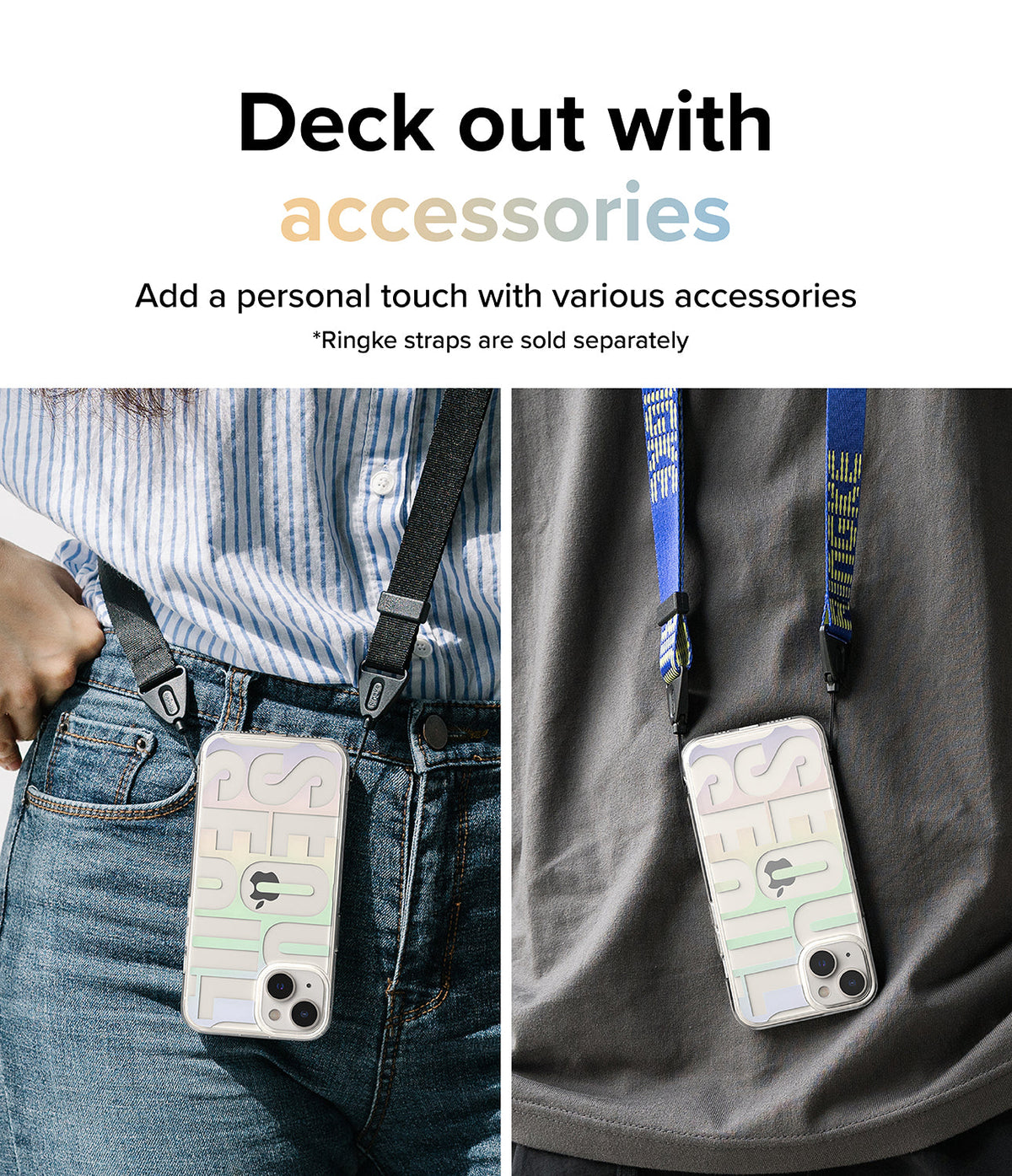 iPhone 14 Plus Case | Fusion Design - Two people wearing iPhone 14 Plus cases with colorful Seoul text designs attached to neck straps.