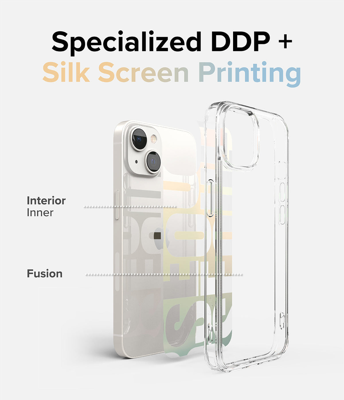 iPhone 14 Plus Case | Fusion Design - iPhone 14 Plus Case - Diagram showing DDP and silk screen printing layers on a clear phone case and device.